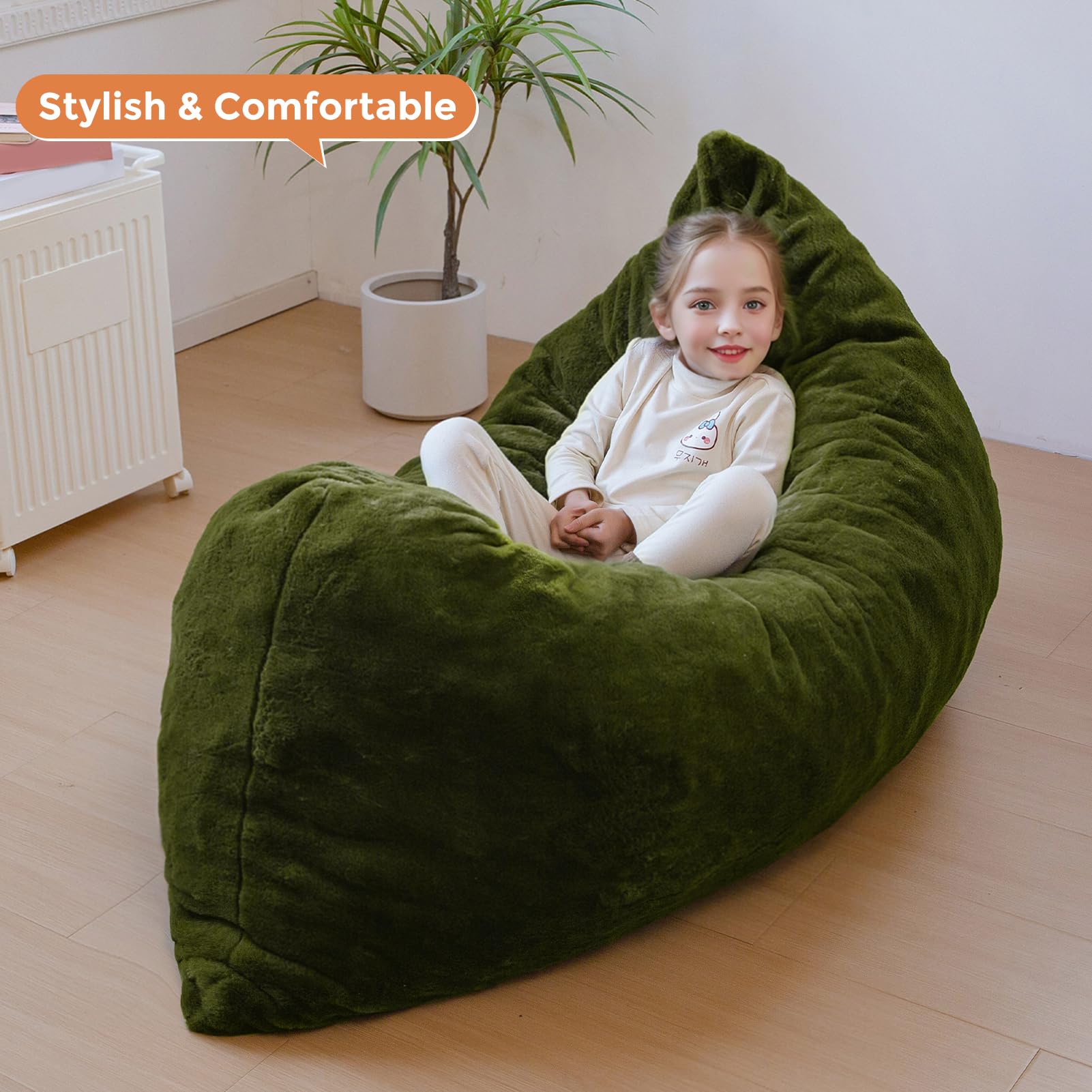 MAXYOYO 3-in-1 Kids Bean Bag Chair Bed - Soft Faux Fur Floor Sofa for Children, Gaming, Reading & Relaxing | Green Convertible Lounger for Bedroom, Playroom & Dorm