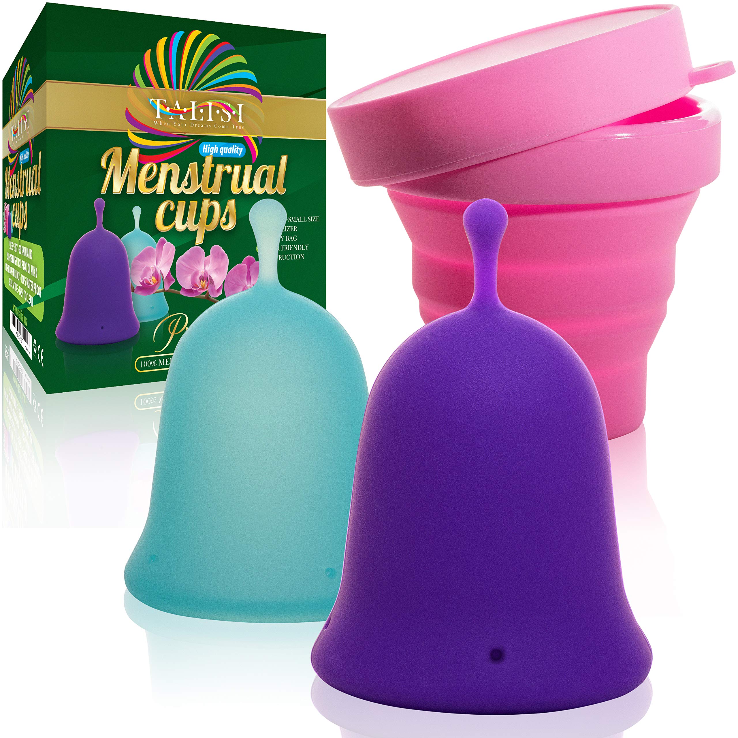 Talisi Reusable Menstrual Cups Set of 2 - Soft Medical Grade Silicone Period Cup Kit with Collapsible Sterilizer for Women - Small & Large Size for Regular/Heavy Flow - Eco-Friendly Tampon & Pad Alternative - Perfect for Travel, Sports & Active Lifestyle