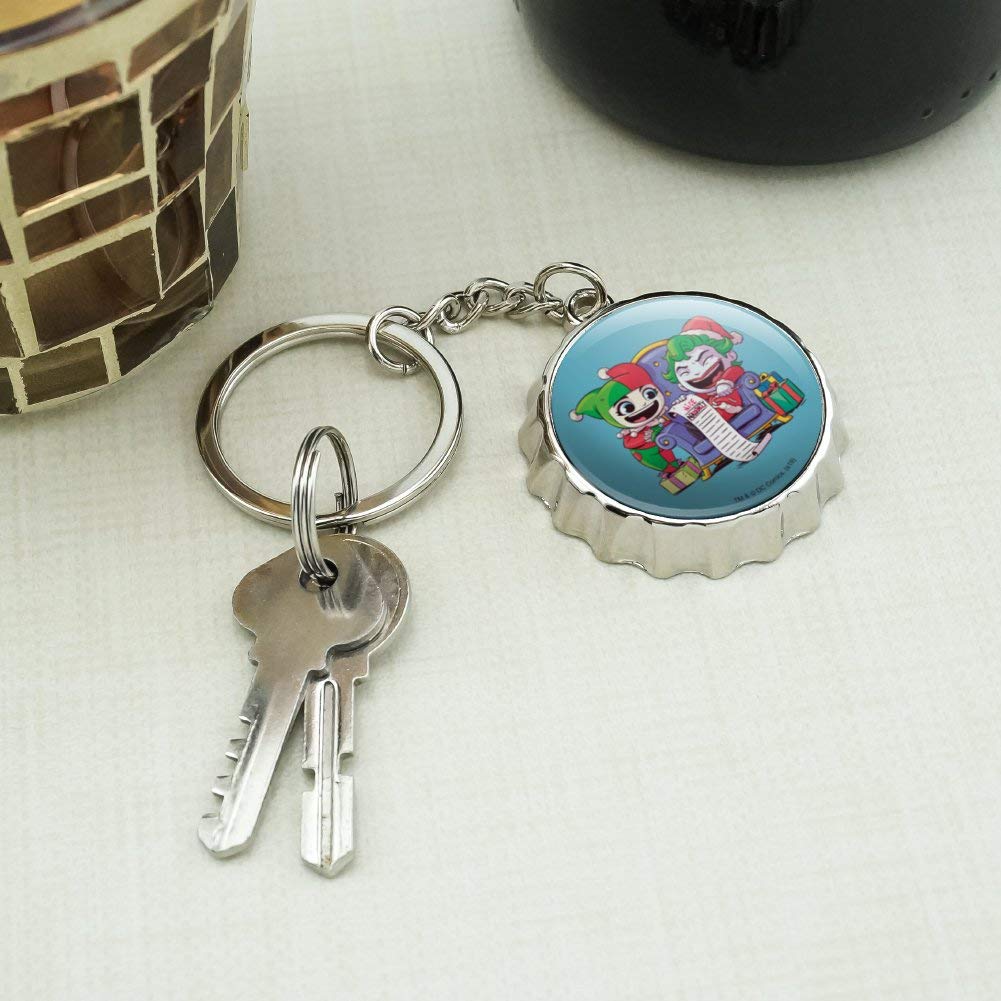 Harley Quinn & Joker Naughty List Keychain - Chrome Plated Metal Bottle Opener with Pop Cap - Perfect for Cosplay, Comic Con & Harley Quinn Fans Gift