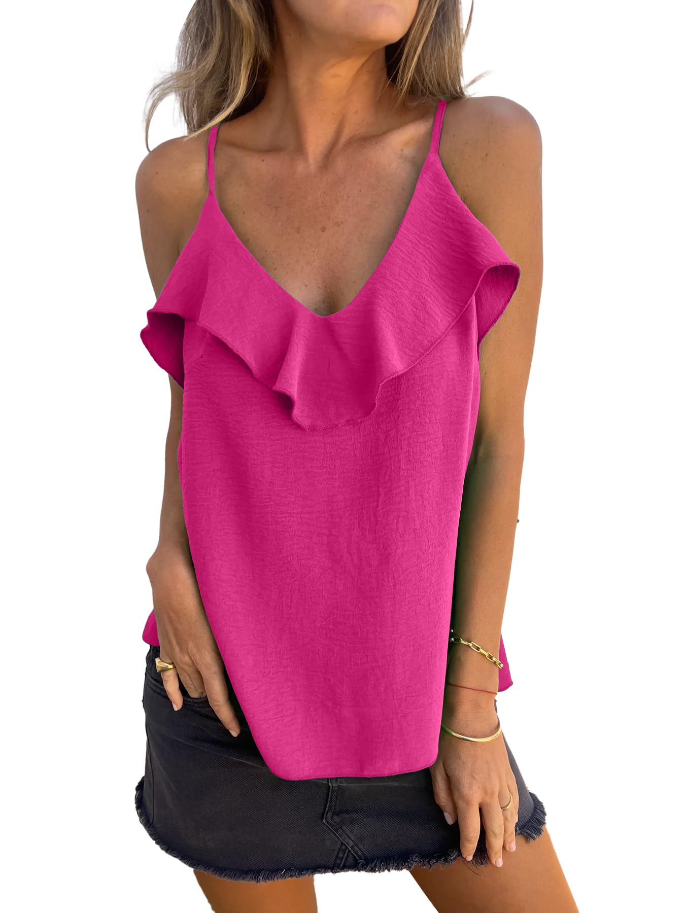 Women's Casual Summer Straps Ruffle V-Neck Cami Top - Sleeveless Tank Blouse for Beach, Outing & Daily Wear | MLEBR