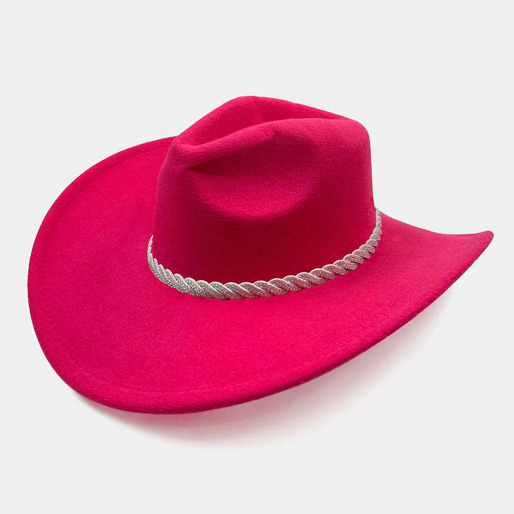 Stylish Pink Stone Paved Twisted Strap Band Pointed Cowboy Fedora Hat for Women | Western Fashion Accessory | Perfect for Country Music Festivals, Rodeos & Vintage Outfits