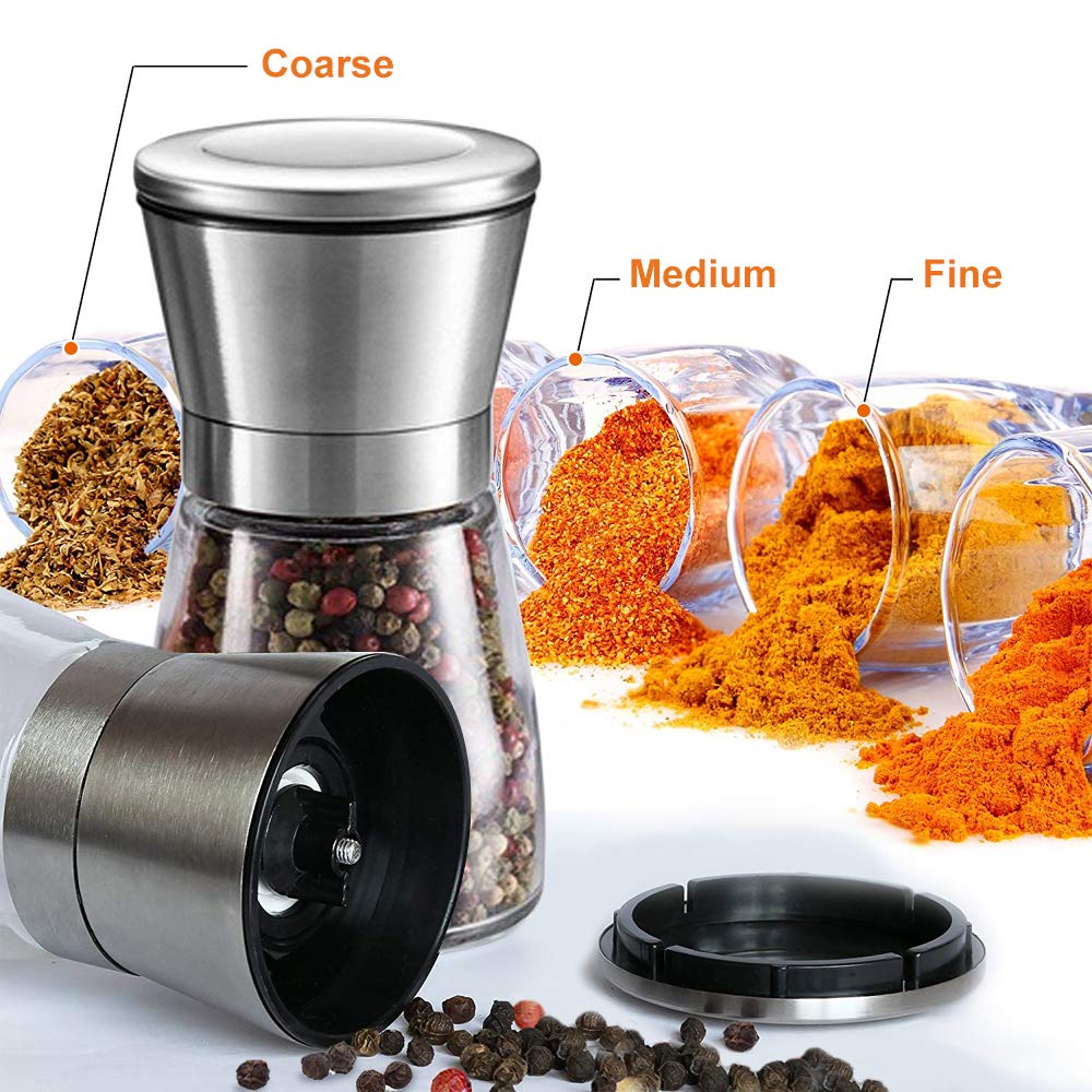 Premium Stainless Steel Salt and Pepper Grinder Set - Adjustable Coarseness, Refillable Glass Manual Mill with Durable Lid - Perfect for Home Kitchen, Dining Table, BBQ & Camping Use
