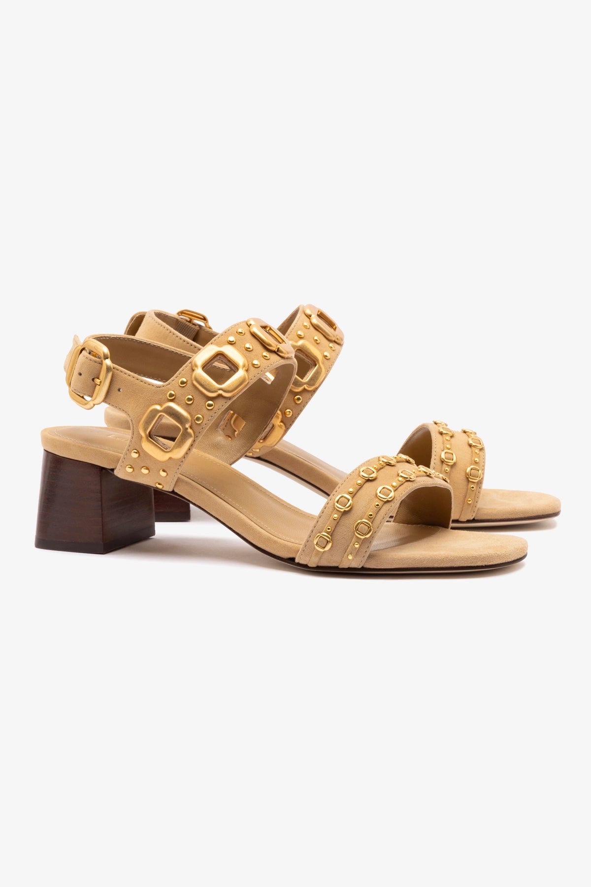 Milan Studs Block Heel Sandals in Peanut Suede - Comfortable Women's Summer Shoes for Beach, Party & Casual Outings