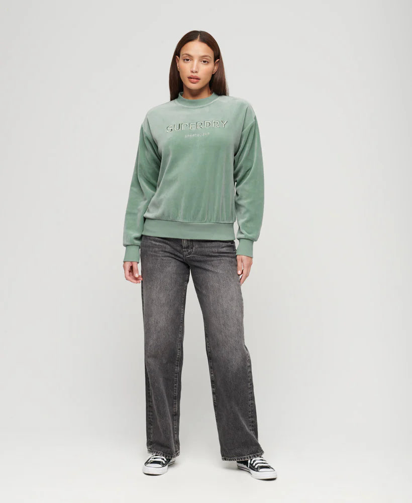 Velour Graphic Boxy Crew Sweatshirt for Women - Light Jade Green Oversized Pullover | Casual Streetwear, Loungewear, and Winter Fashion Outfit