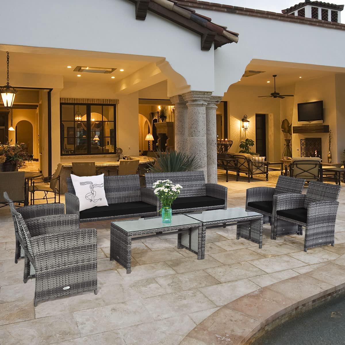 Tangkula 8-Piece Black Wicker Patio Conversation Set - Outdoor Rattan Sofa with Coffee Table, Cushioned Seating & Tempered Glass Top - Perfect for Poolside, Courtyard, Balcony or Garden Relaxation