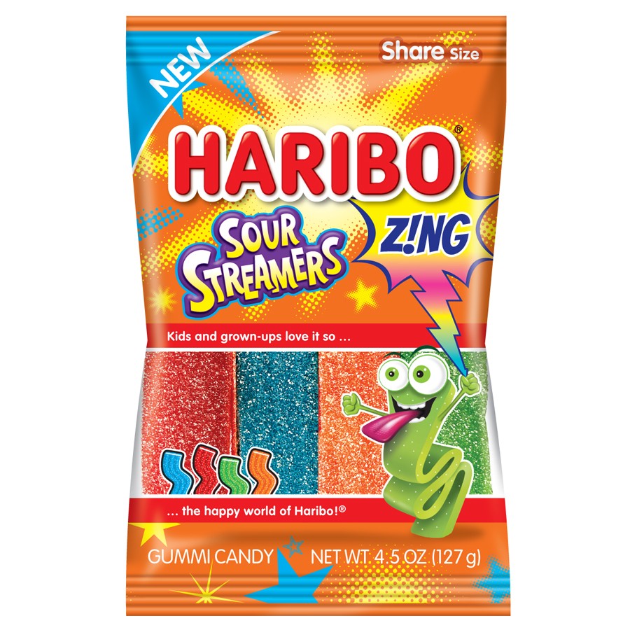 Haribo Z!ng Sour Streamers Gummy Candy - 4.5oz Bags (Pack of 12) | Sour & Sweet Treats for Parties, Movie Nights & Snacking