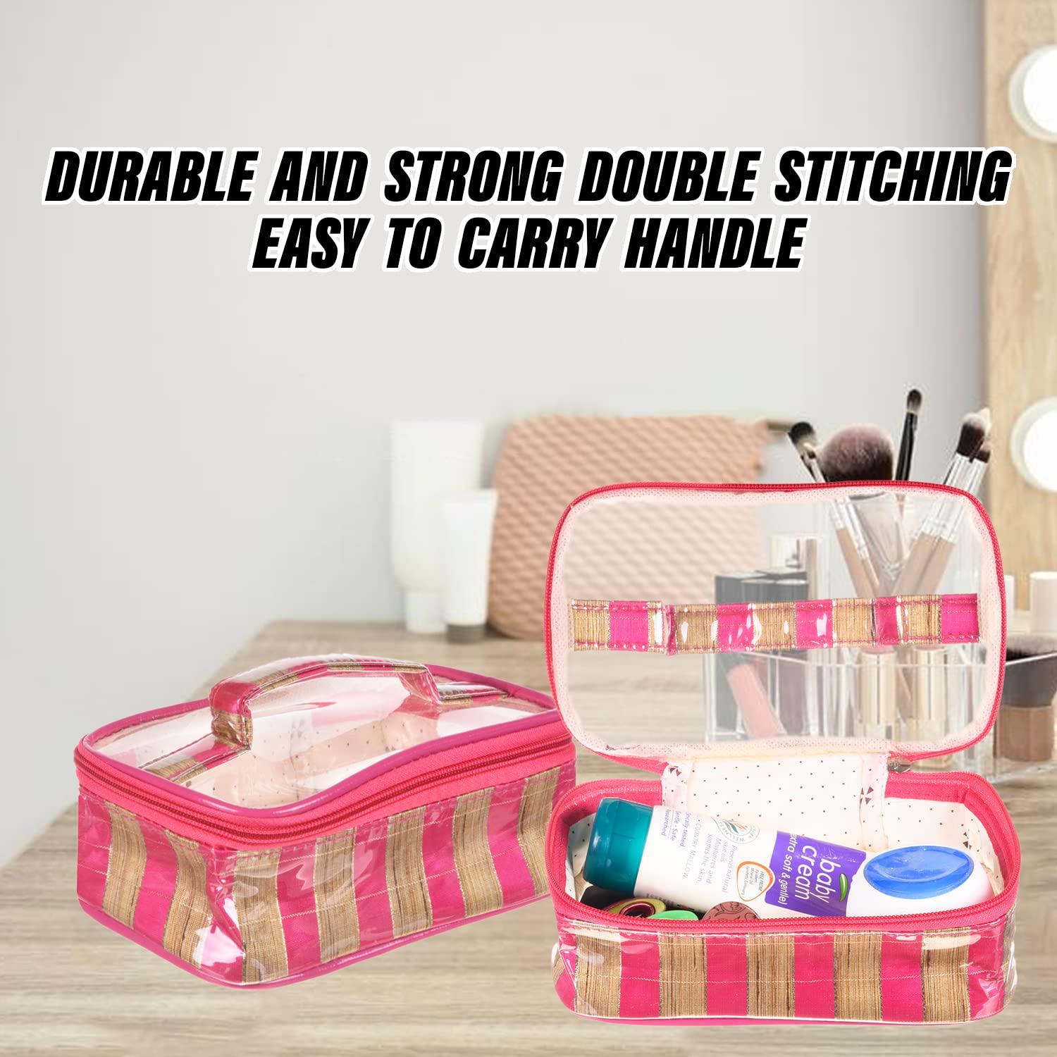 **Heart Home Makeup Kit | Silk Laminated Fabric Cosmetic Bag for Women | 3-Piece Travel Toiletry Set with Handle | Pink | Perfect for Travel, Gym & Daily Organization**