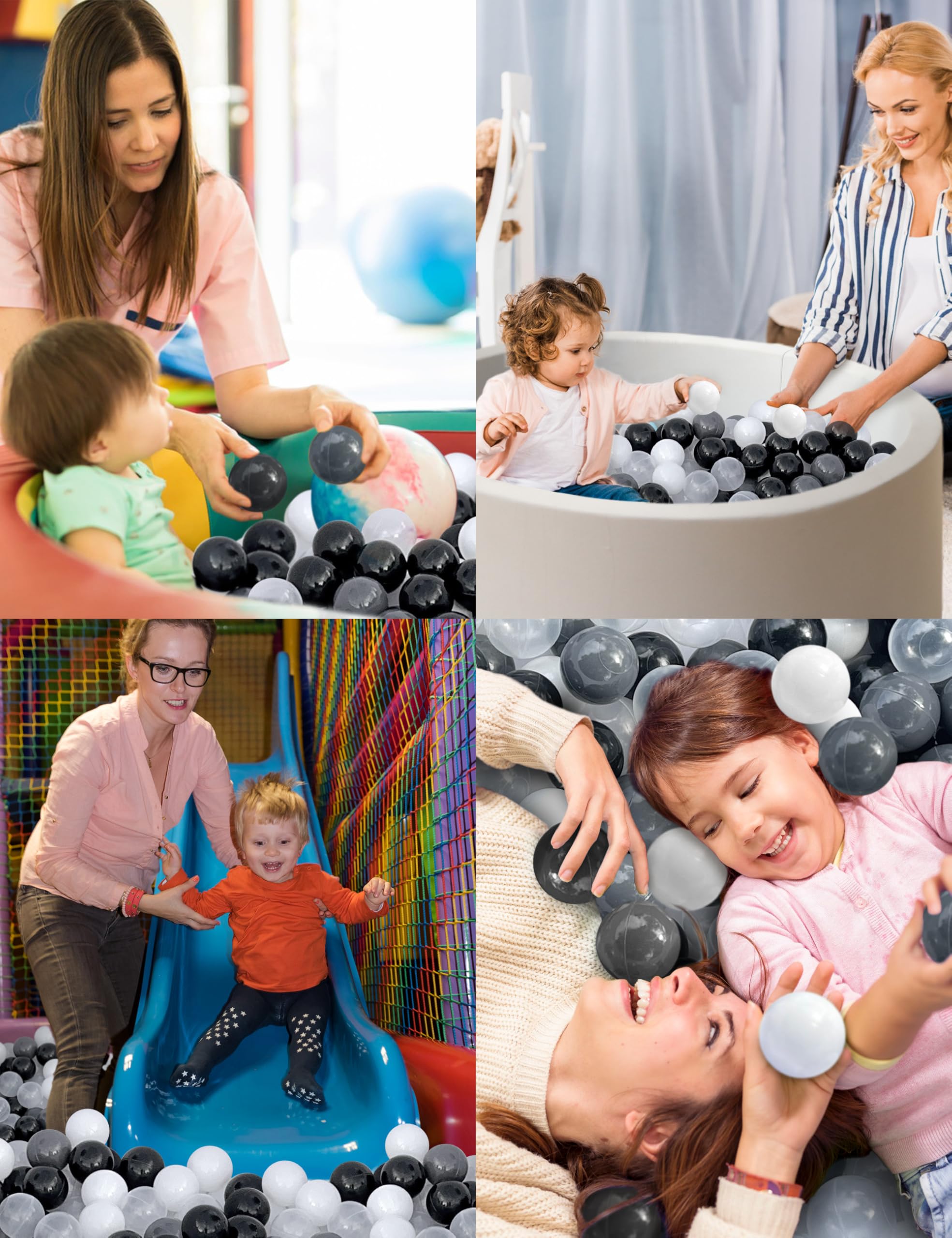 100 Phthalate-Free & BPA-Free Crush-Proof 2.16 Inch Multicolor Plastic Ball Pit Balls for Babies & Toddlers - Safe Playroom, Sensory Play, Birthday Gift (Black, White, Dark Gray, Clear)