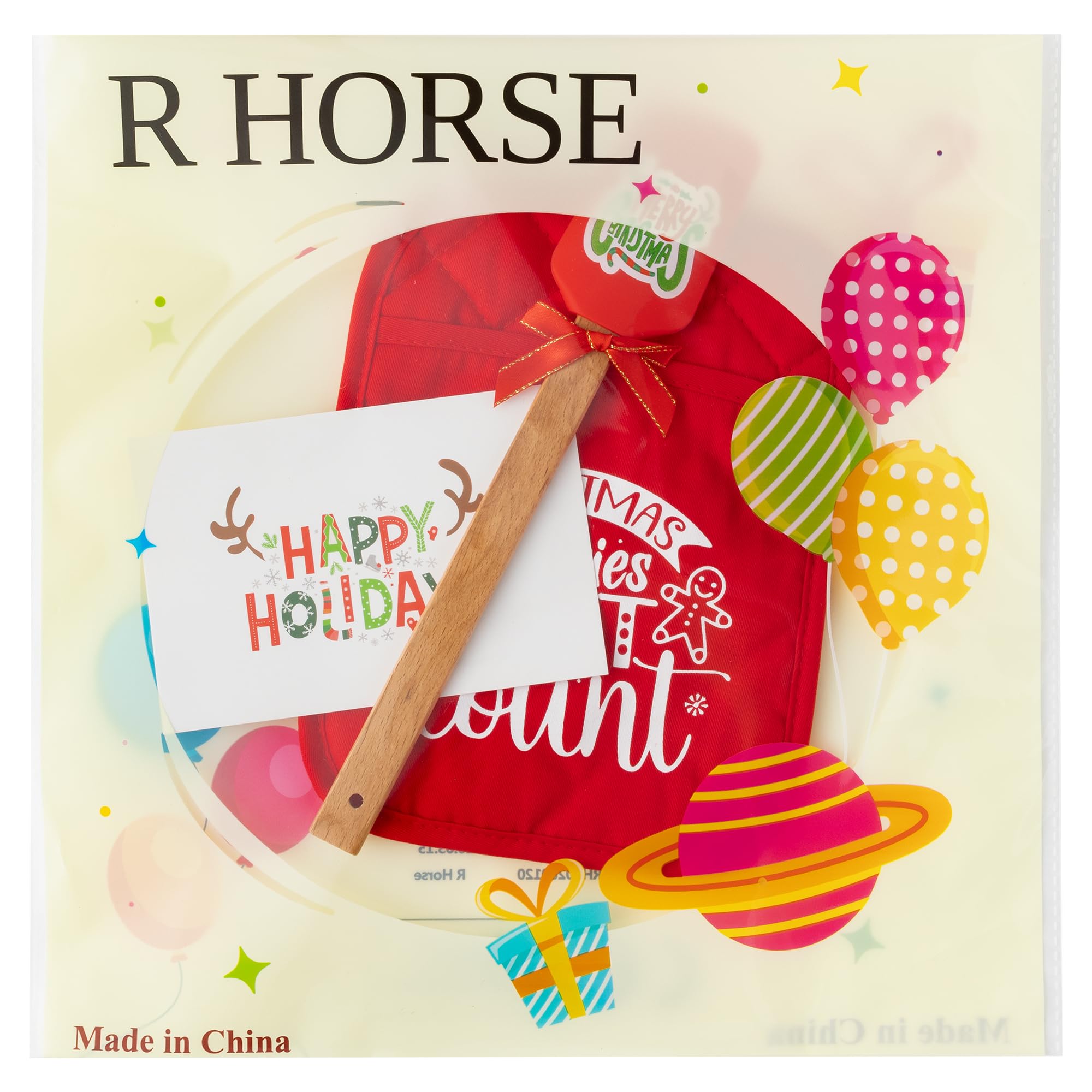 R HORSE 3-Piece Christmas Pot Holder Set with Silicone Spatula & Greeting Card - Funny Heat Resistant Oven Mitts & Hot Pads for Baking, Cooking - Perfect Xmas Kitchen Gift for Family, Friends, Colleagues (Red) - Ideal for Holiday Baking, Cookie Making & Christmas Party Gifts