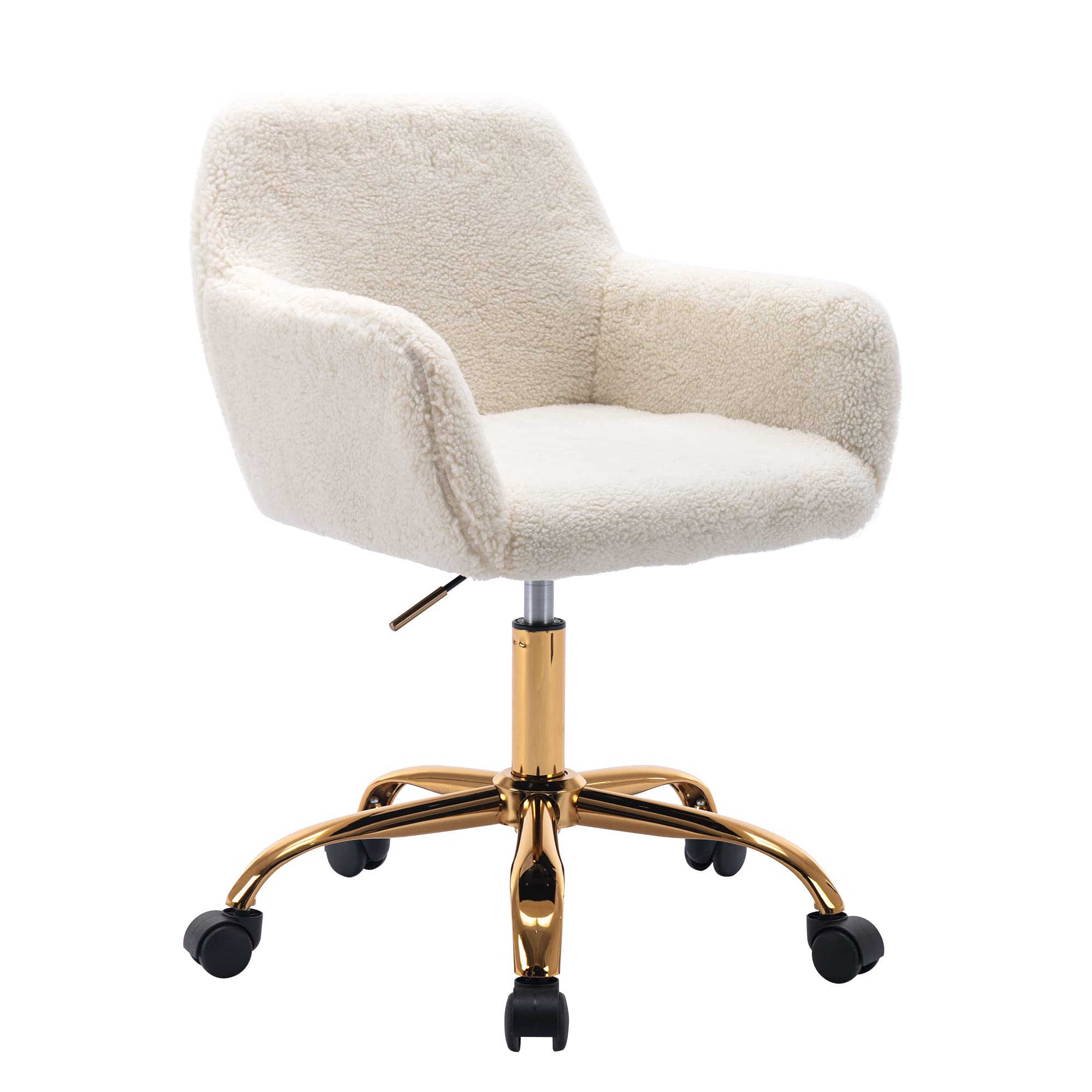 KCC Faux Fur Office Desk Chair - Soft Swivel Armchair with Wheels, Adjustable Height Upholstered Fuzzy Vanity Chair in White | Perfect for Home Office, Gaming Setup & Makeup Vanity