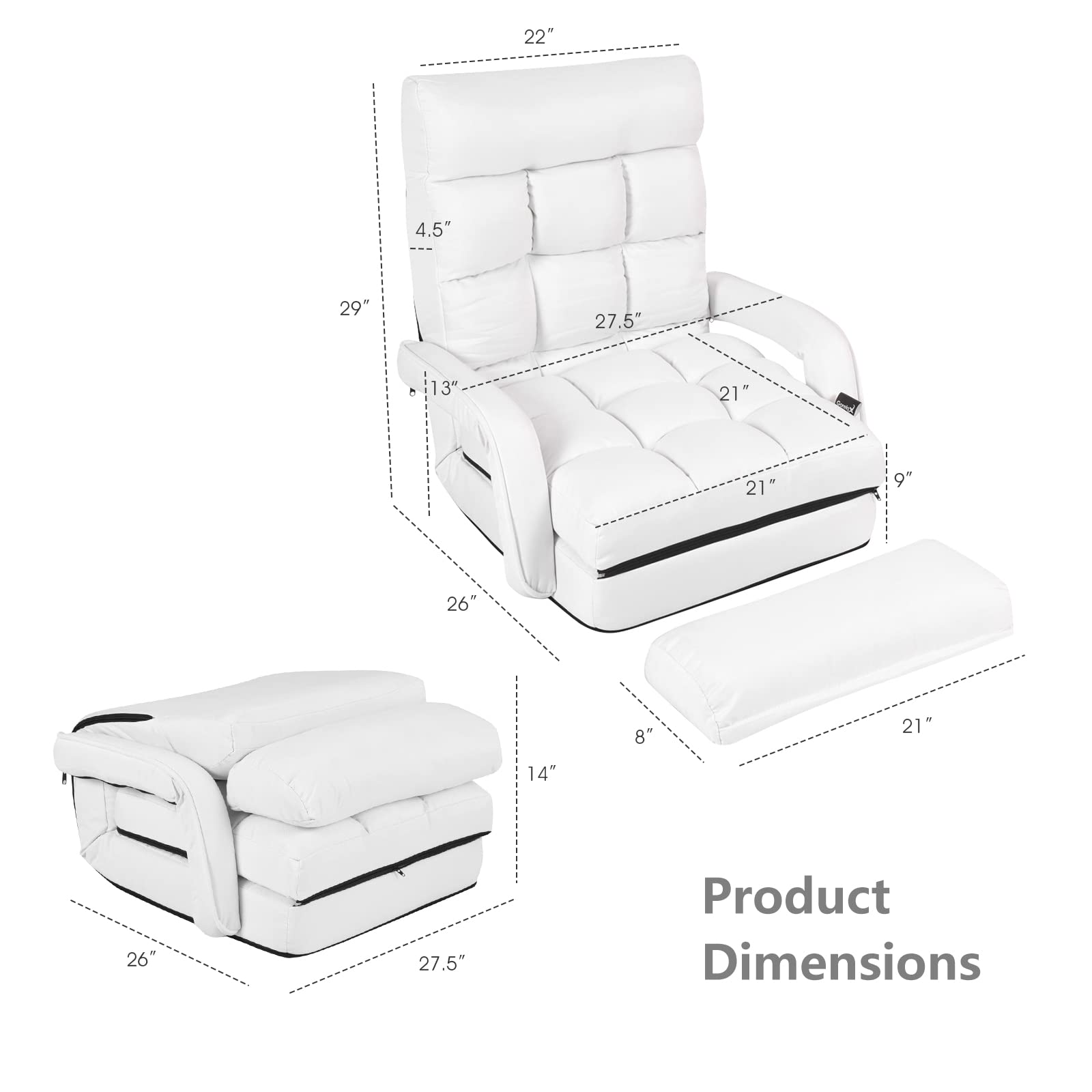 Giantex Updated Folding Lazy Sofa Floor Chair - Convertible Lounger Bed with Armrests & Pillow - Multi-Position Recliner for Living Room, Bedroom, Dorm (White) - Perfect for Reading, Napping, TV Watching and Small Space Living