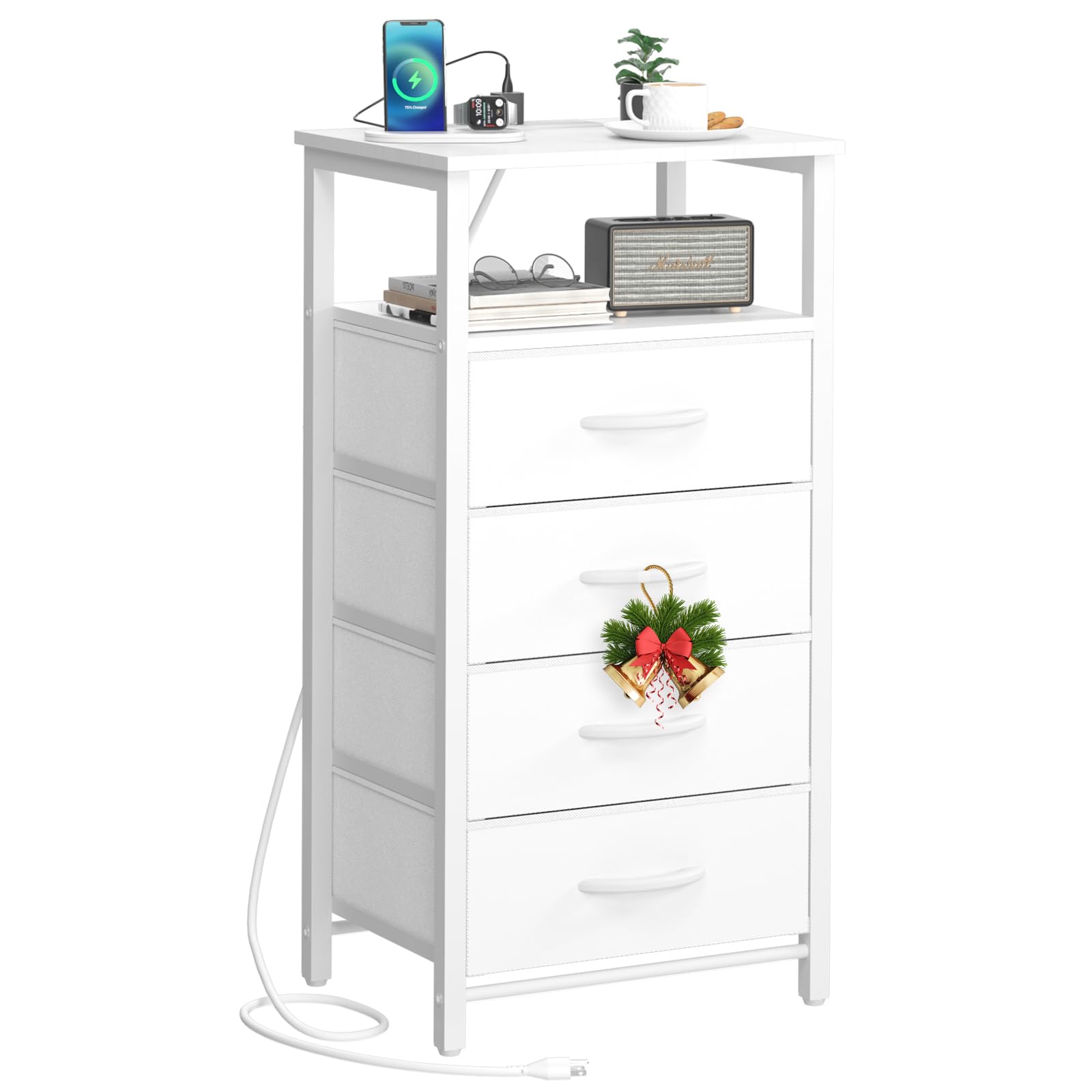 Yoobure 4-Drawer Dresser with USB Charging Station - Small Bedroom Dresser, Tall Chest of Drawers, Fabric Nightstand & Closet Organizer in White - Perfect for Bedroom Storage, Closet Organization & Bedside Charging