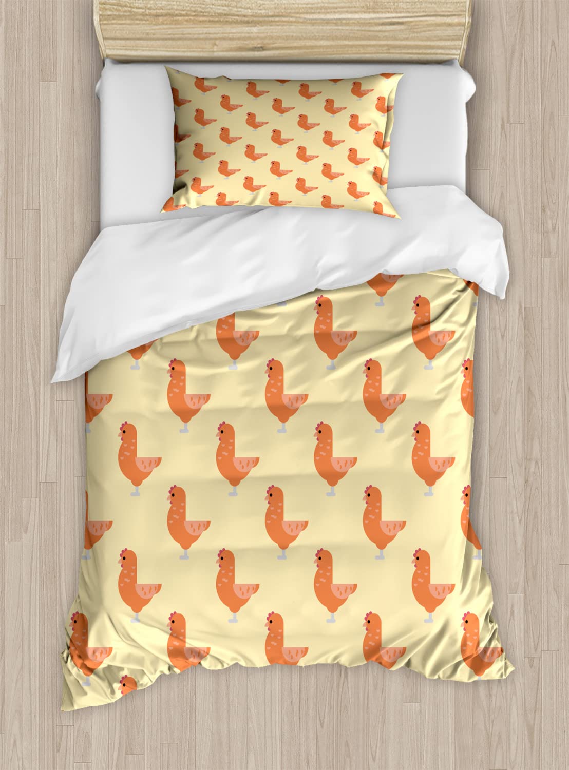 Ambesonne Chicken Duvet Cover Set - Twin Size 2-Pack with 2 Pillowcases, Farm Animal Bird Pattern in Yellow Salmon | Farmhouse & Kids Room Decor, Soft Bedding for Cozy Sleep
