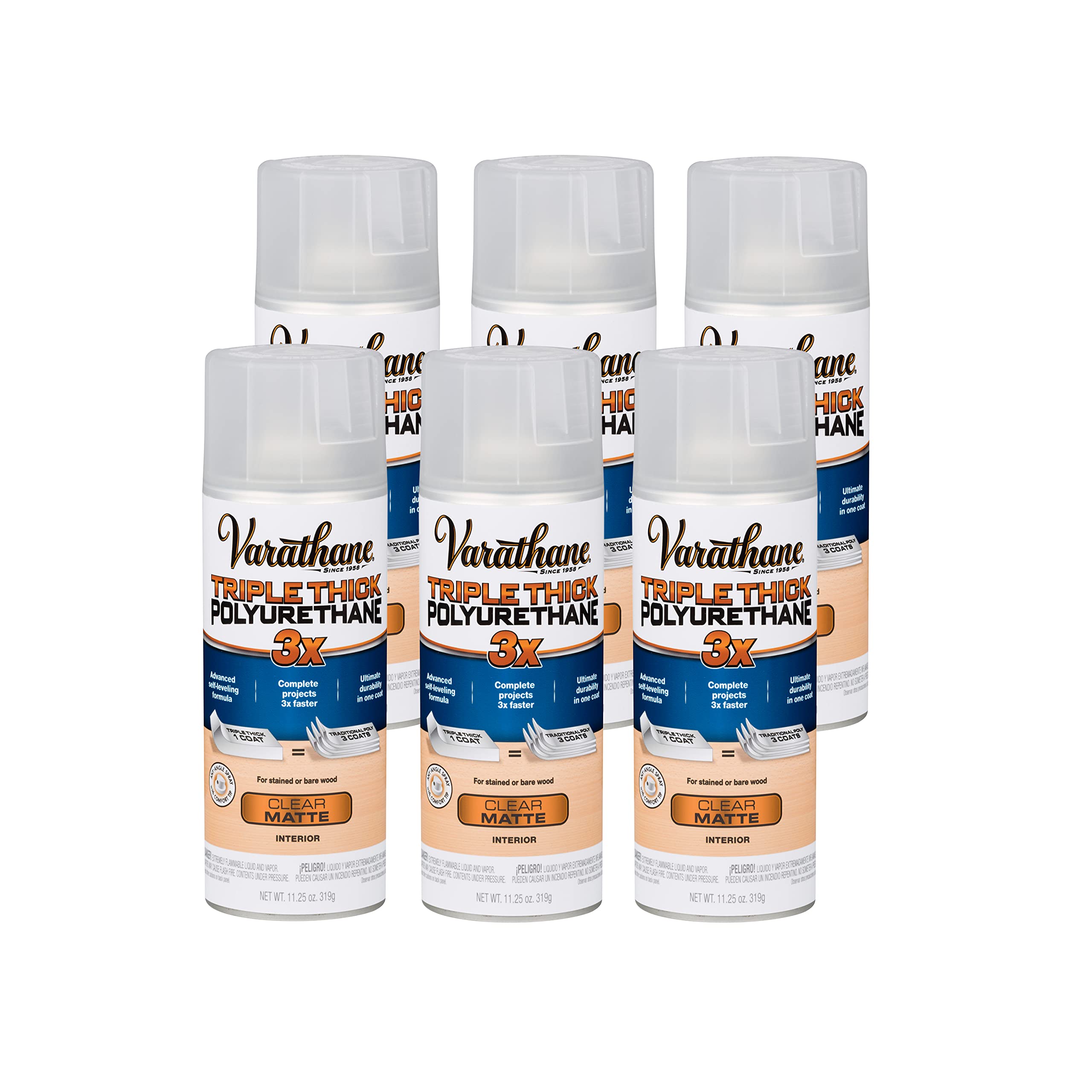 Varathane 318289-6PK Triple Thick Polyurethane Wood Finish Spray - 11.25 oz Matte Clear (6 Pack) | Fast-Drying Protective Coating for Furniture, Cabinets & Woodworking Projects