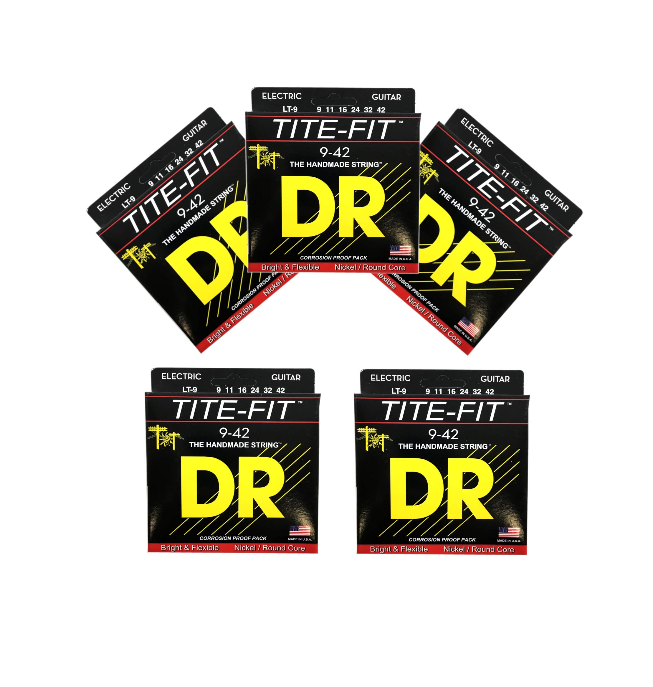 DR Guitar Strings Electric Tite-Fit 09-42 Lite Handmade in USA - 5 Pack Set for Rock, Blues & Studio Recording