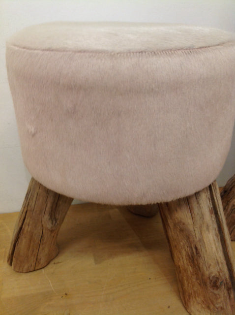 Stylish Designer Hide & Driftwood Stool - Rustic Home Decor Accent for Living Room, Bedroom, or Outdoor Patio