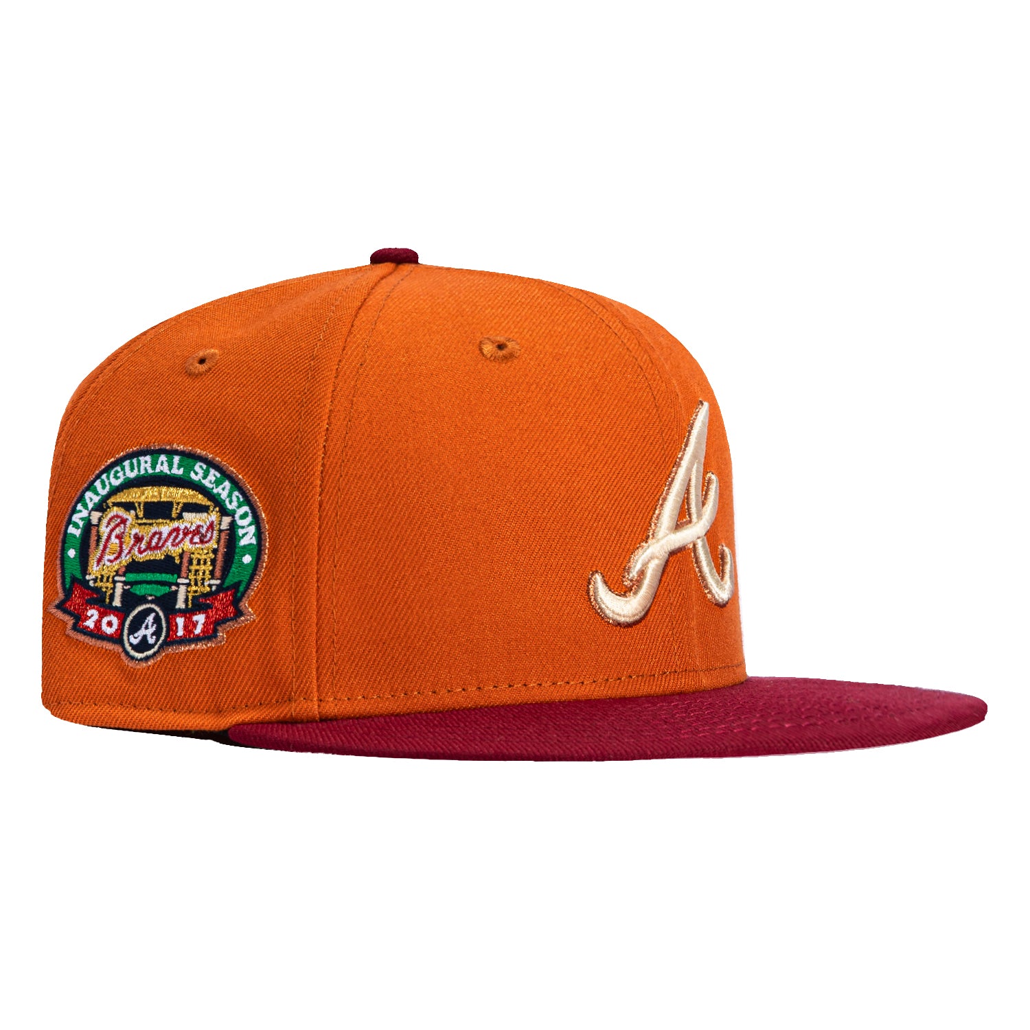 New Era 59Fifty Atlanta Braves Inaugural Season Patch Snapback Hat - Burnt Orange & Cardinal Red | MLB Baseball Cap for Fans & Collectors | Perfect for Games, Tailgating & Everyday Wear