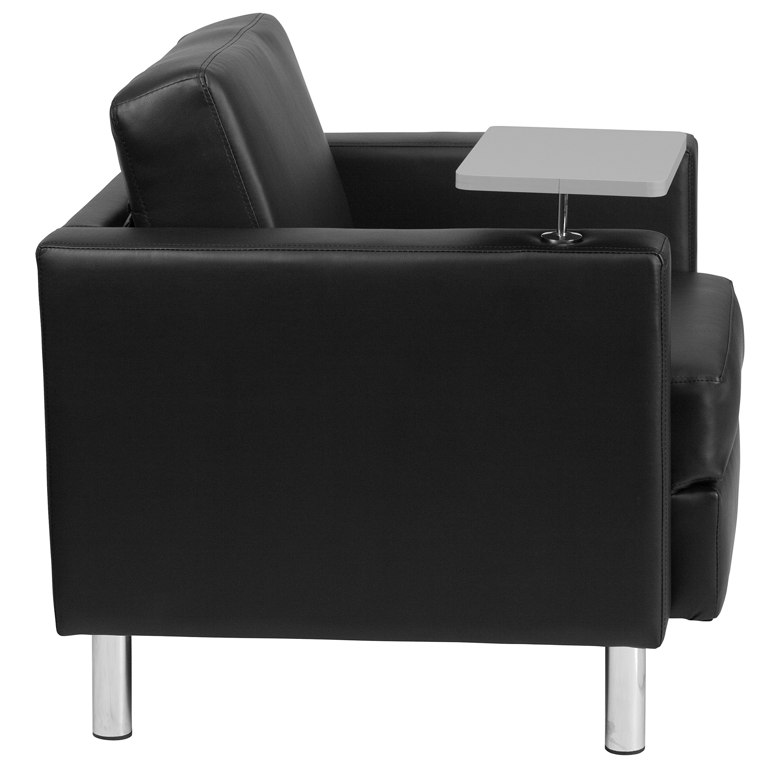 Emma & Oliver Black LeatherSoft Tablet Arm Chair with Tall Chrome Legs & Cup Holder - Ergonomic Office Chair for Home & Workspace, Perfect for Working, Gaming & Relaxing