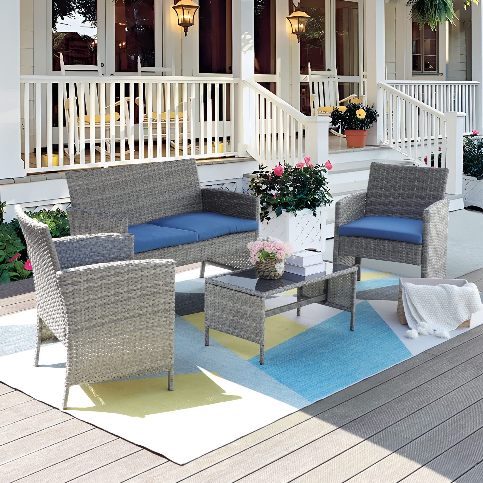 Pongsona 4-Piece Patio Furniture Set, Outdoor Wicker Rattan Sofa & Chairs Conversation Set - Perfect for Garden, Poolside, Balcony, Backyard or Bistro Outdoor Relaxation