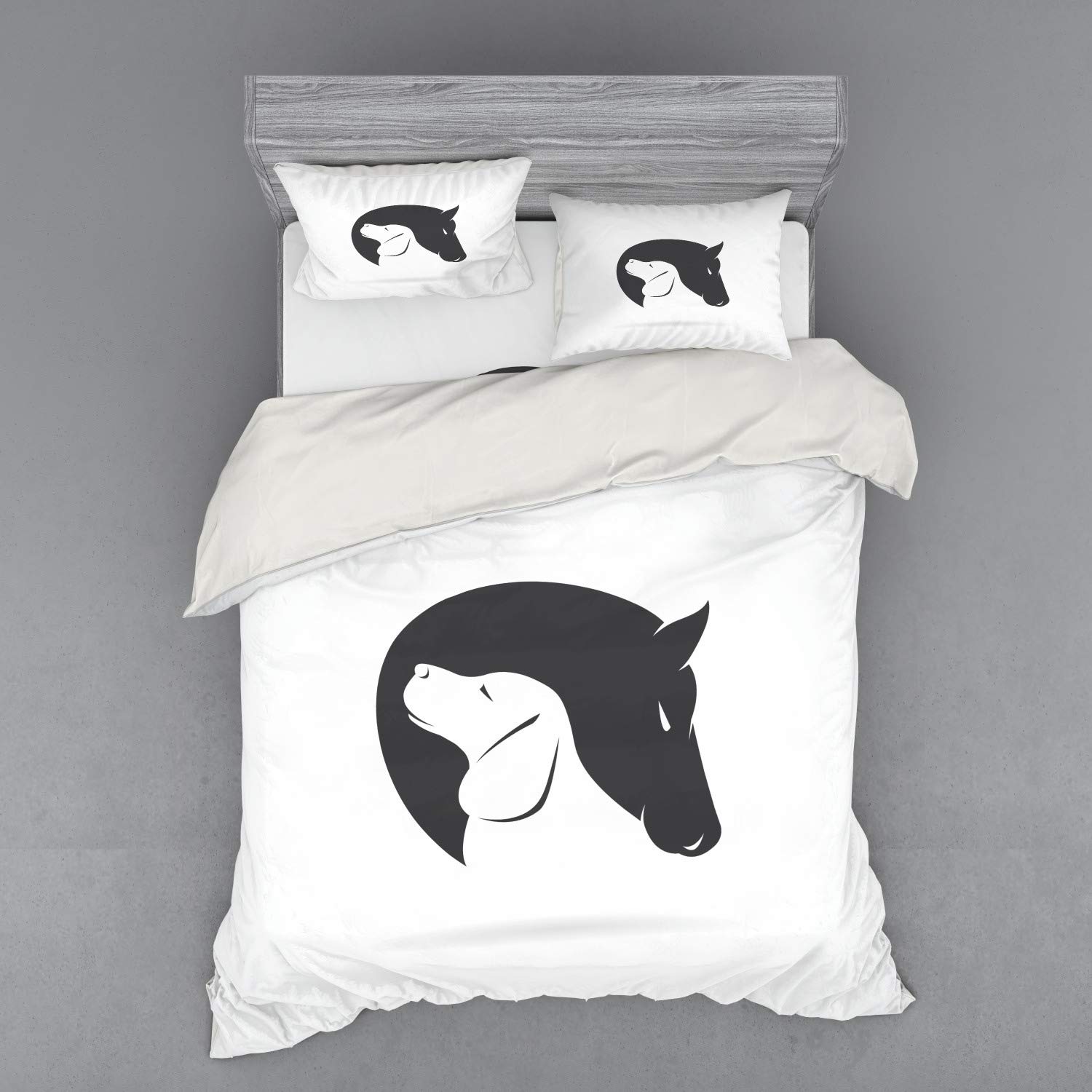 Ambesonne 4-Piece Queen Size Duvet Cover Set - Black & White Animal Print with Dog and Horse Hugging Design, Includes Shams & Fitted Sheet | Contemporary Bedding for Pet Lovers, Perfect for Master Bedroom or Guest Room