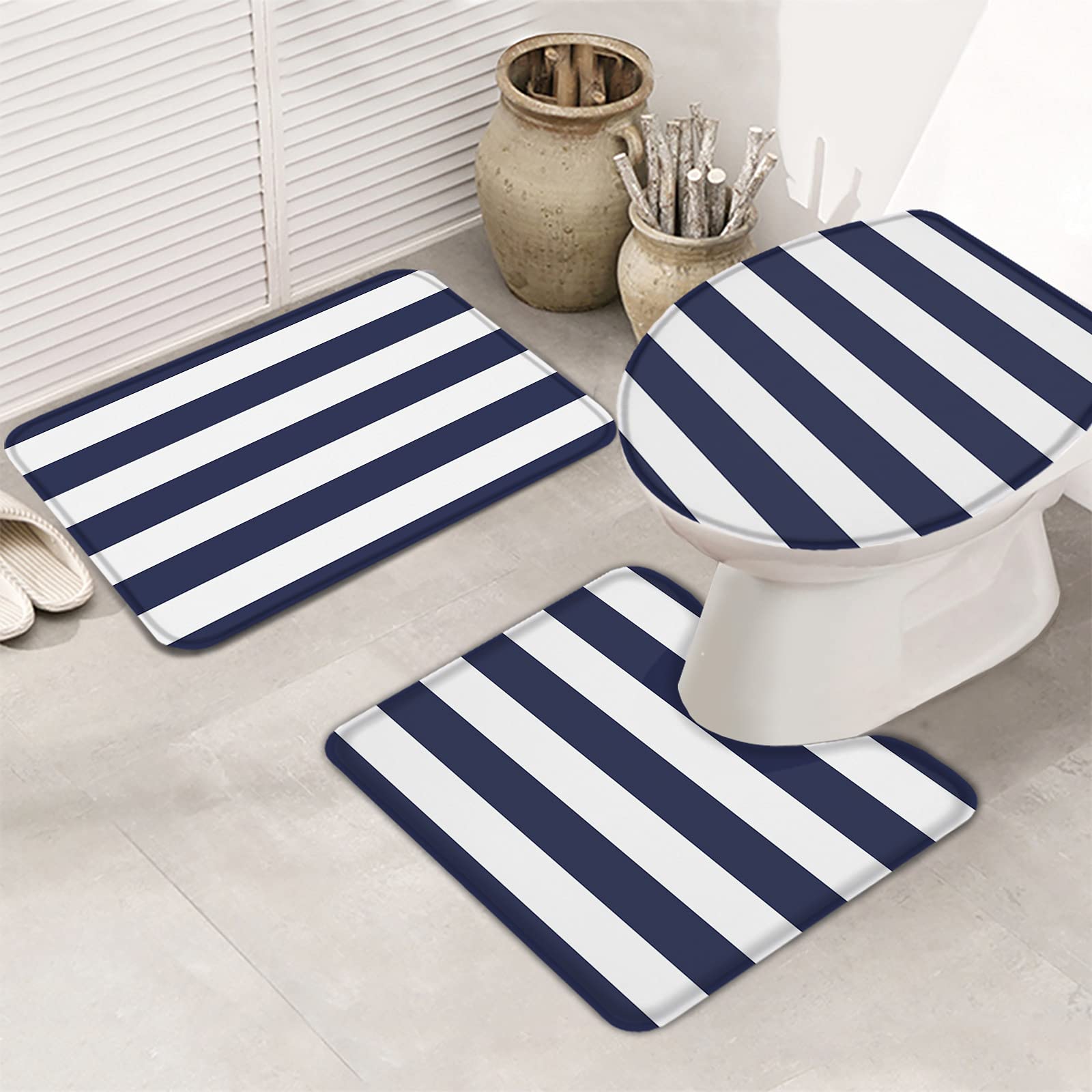 3-Piece Non-Slip Bathroom Rug Set - Navy Blue & White Striped Contour Mat, Toilet Lid Cover & Absorbent Shower Mat - Soft Minimalist Bath Mats for Bathroom Safety and Style - Perfect for Modern Homes, Apartments & Guest Bathrooms