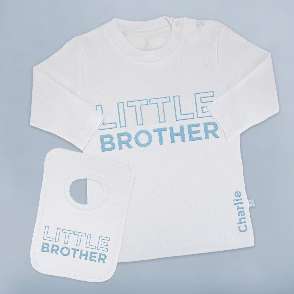 Personalized Little Brother Long Sleeve T-Shirt & Bib Gift Set - Baby Boy Outfit for Sibling Matching & Photo Shoots