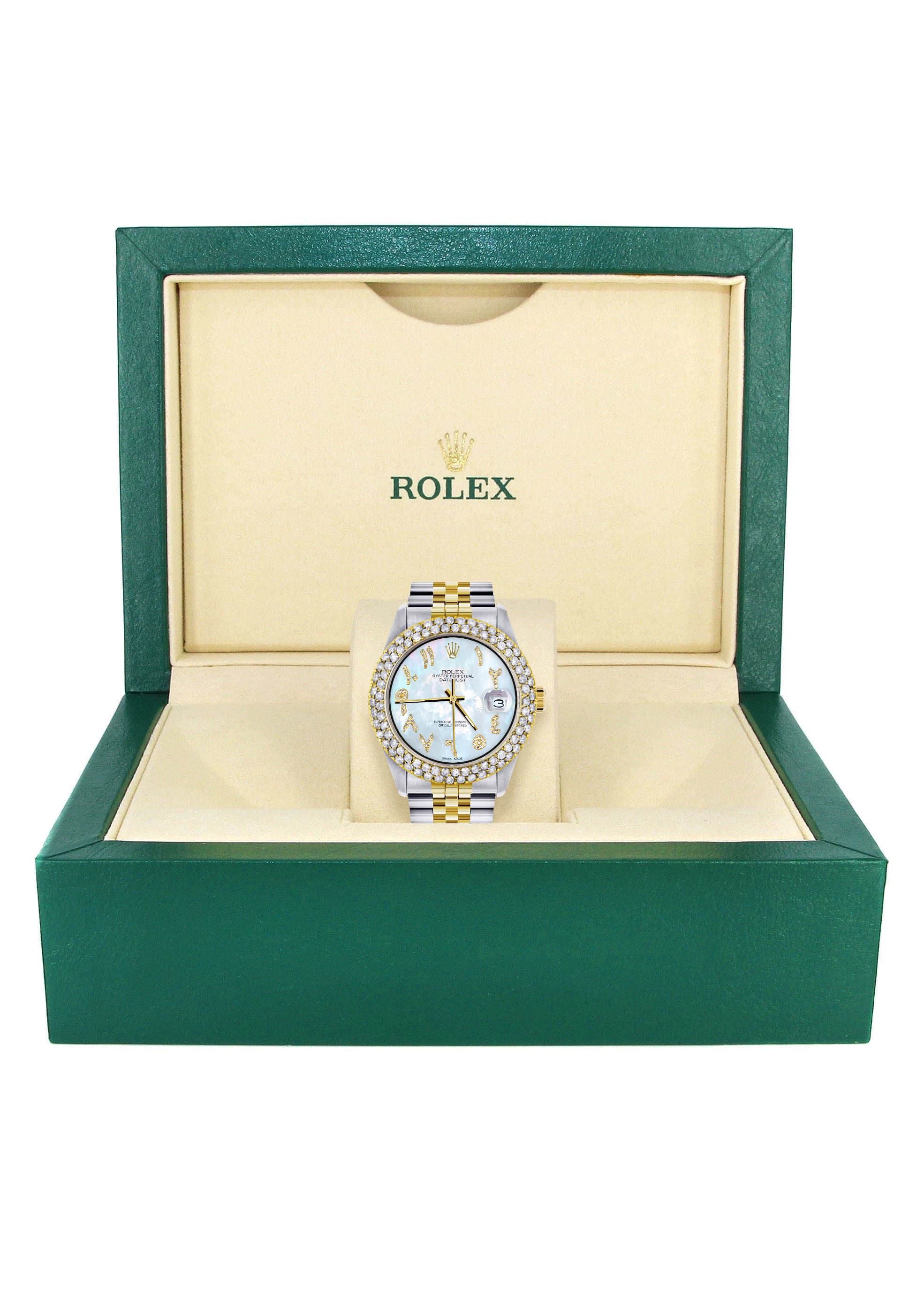Luxury Diamond Gold Rolex Watch For Men 16233 | 36mm Mother of Pearl Arabic Diamond Dial | 4.25 Carat Two Row Bezel | Jubilee Bracelet | Perfect for Business, Formal Events & Luxury Gifts