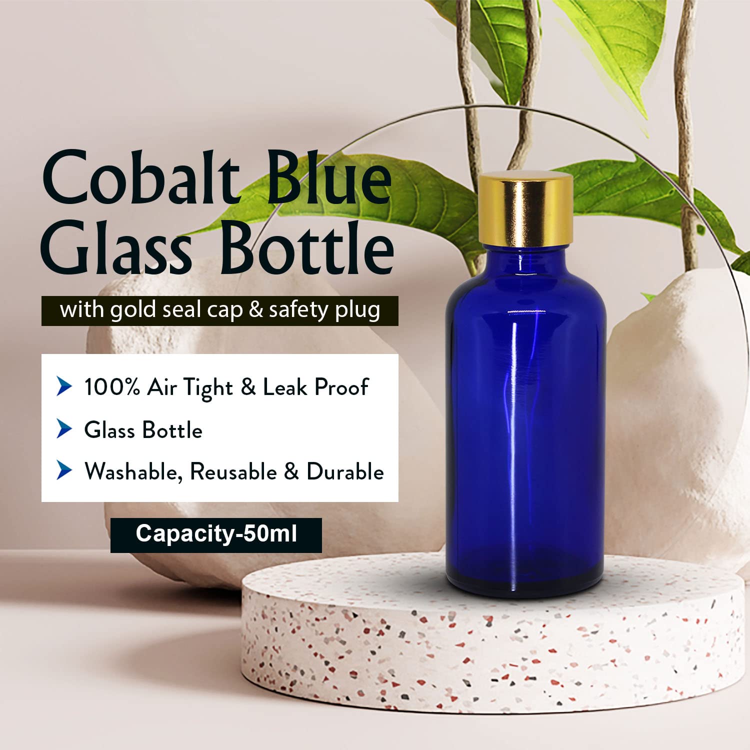 Premium 50ml Cobalt Blue Glass Bottle with Gold Seal Cap & Safety Plug - Leakproof Essential Oil Bottles for Aromatherapy, Perfumes, Face Serums | Refillable & Reusable (Pack of 3) - Perfect for DIY Blends, Travel & Gift Packaging