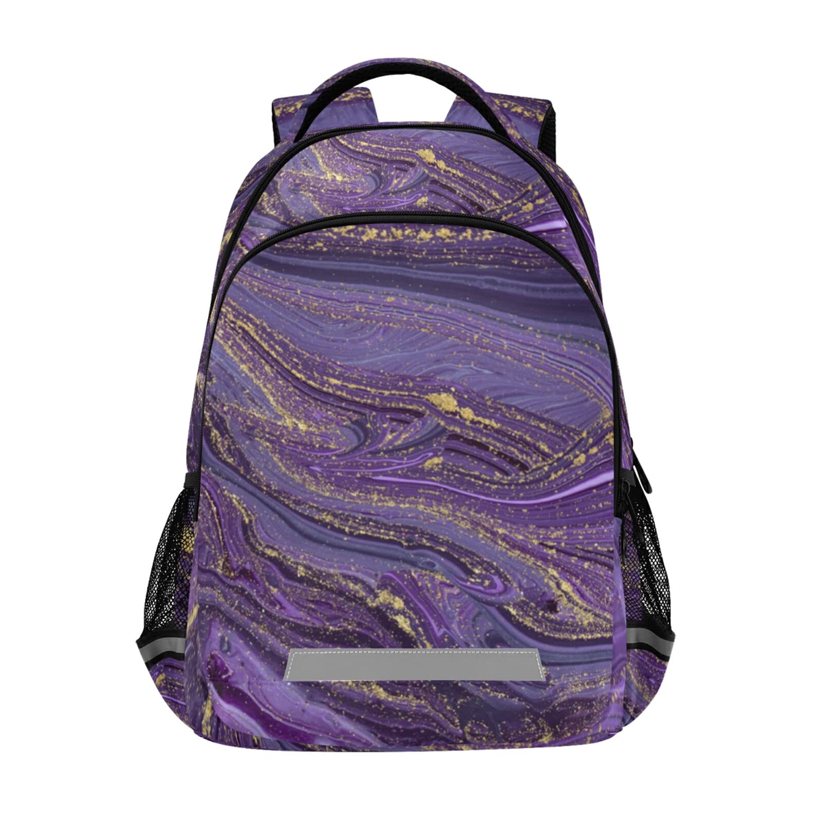 Stylish Purple & Gold Marbled Laptop Backpack for Teens & Adults - Waterproof School Backpack with Reflective Stripes for Safety | Perfect for College, Travel, Hiking & Daily Commute