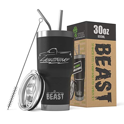 1999-2004 Ford SVT Lightning F150 Truck Stainless Steel Insulated Tumbler - 30oz Vacuum Cup with Lid, 2 Straws & Cleaning Brush - Perfect for Car Enthusiasts, Outdoor Adventures & Daily Commutes (Black, Gift Box Included)