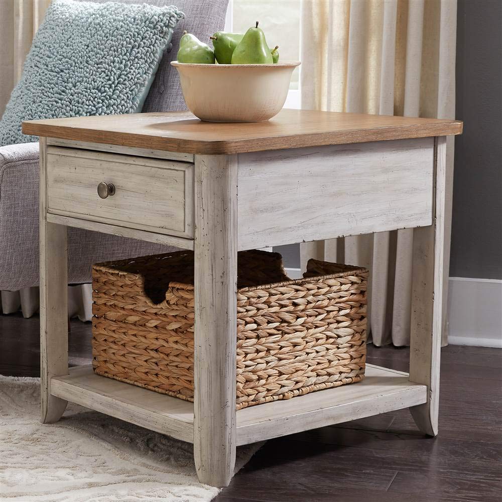 Farmhouse Style End Table with Storage Basket - White Distressed Finish - 24