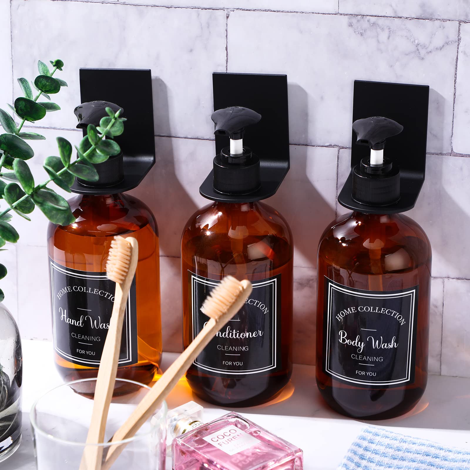 3-Chamber Refillable Shampoo Dispenser for Shower Wall - 17oz No-Drill Bathroom Organizer with 3 Hook Brackets & 6 Label Stickers (Brown) - Perfect for Bathroom, Gym, Spa, and RV Shower Organization