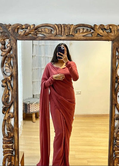 1 Minute Mauve Soft Georgette Stitched Ready-Made Saree for Women - Elegant Indian Traditional Wear for Weddings, Parties & Festive Occasions