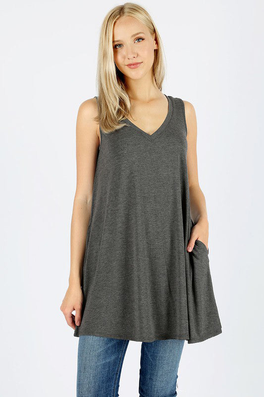 Women's V-Neck Tank Top with Pockets - Soft Breathable Casual Sleeveless Shirt for Summer, Workout, Yoga, and Everyday Wear