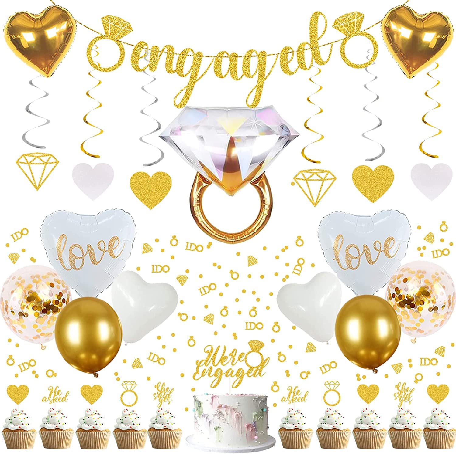 Sparkly Gold Engagement Party Decorations Set - Engaged Banner, Cake Toppers, Confetti & Ring Balloons for Wedding, Bridal Shower & Anniversary Celebrations | Elegant Glitter Party Supplies