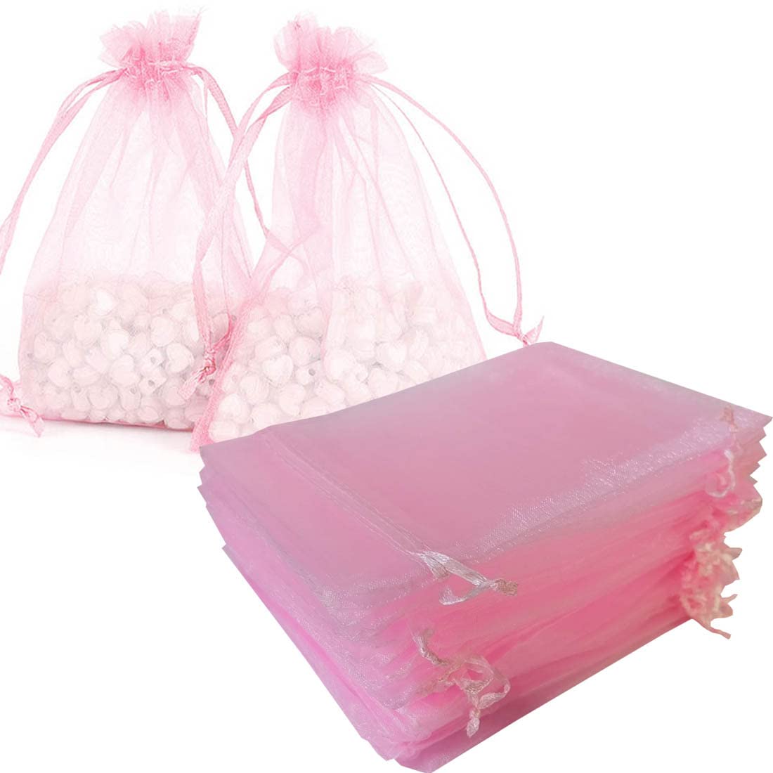 100-Pack 5x7 Inch Sheer Organza Drawstring Gift Bags with Pink Ribbon - Perfect for Jewelry, Candy, Soap Favors - Great for Baby Showers, Weddings, Christmas & Birthday Parties - Elegant Wedding Favors & Party Decorations
