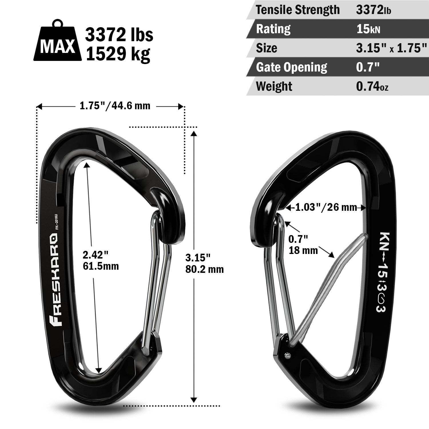 FresKaro 15kN-3372lbs Heavy Duty Wiregate Carabiners - Premium Stainless Steel Spring Gate for Camping, Hiking, Hammocks & Outdoor Gear - 3.15 Inch Climbing Carabiner for Backpacking, Dog Leash & Safety Equipment