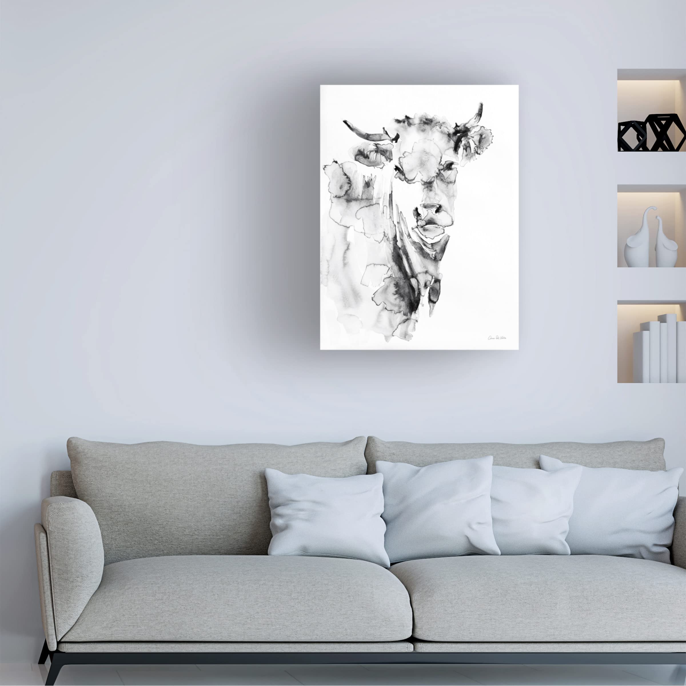 Trademark Fine Art 'Village Cow Gray' Canvas Wall Art by Aimee Del Valle - Hand-Painted Landscape Painting for Living Room, Bedroom & Office Decor