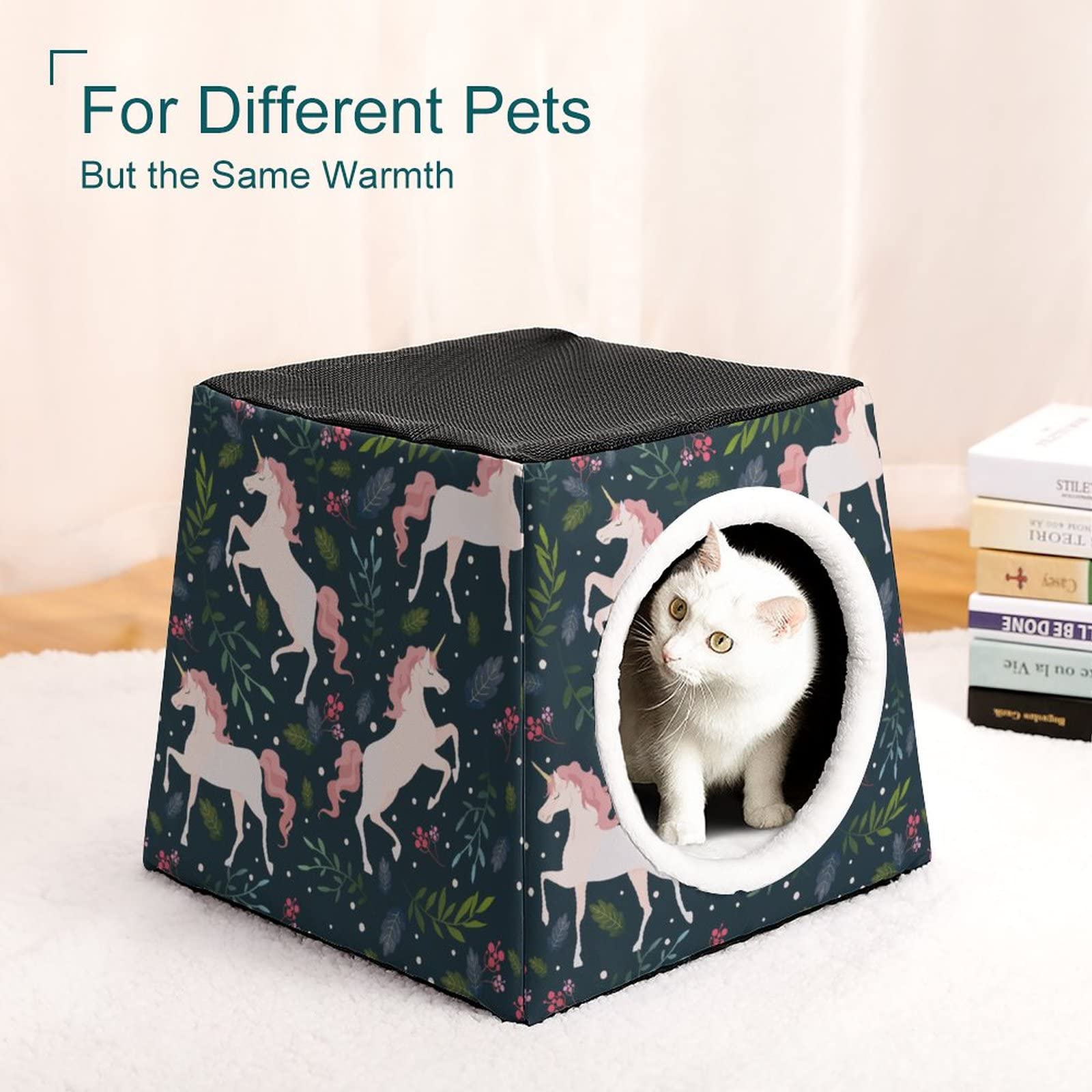 3-in-1 Foldable Cat House with Removable Cushion - Cat Bed, Sofa & Scratching Toy for Indoor Cats (Unicorn Dark Green) - Perfect for Small Spaces, Apartment Living & Multi-Cat Homes