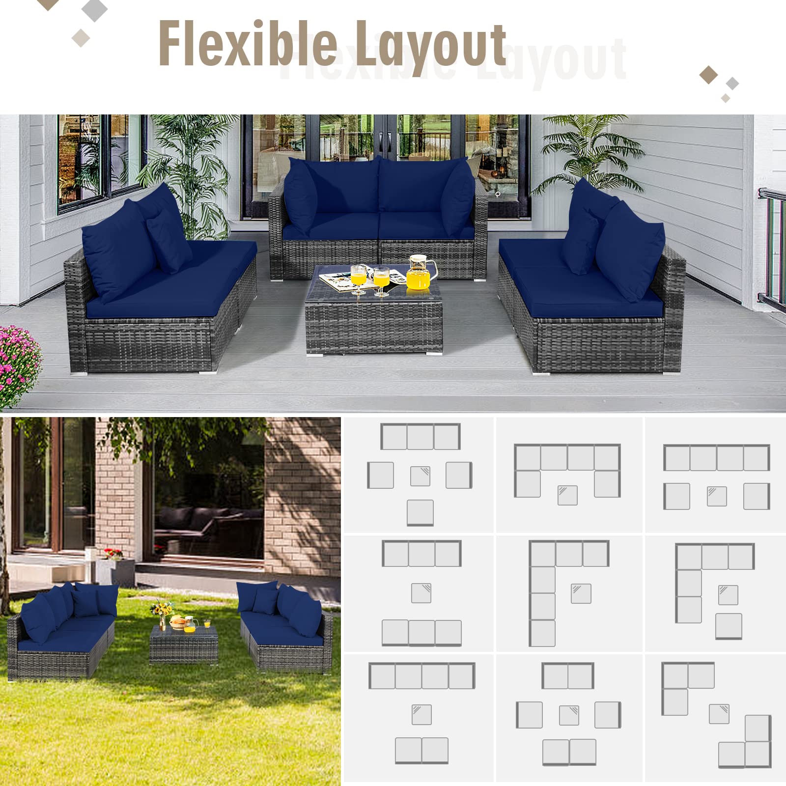 7-Piece Outdoor Patio Furniture Set - All-Weather PE Rattan Sectional Sofa with Cushions & Tempered Glass Coffee Table - Navy Blue Conversation Set for Backyard, Garden, Poolside or Deck Relaxation