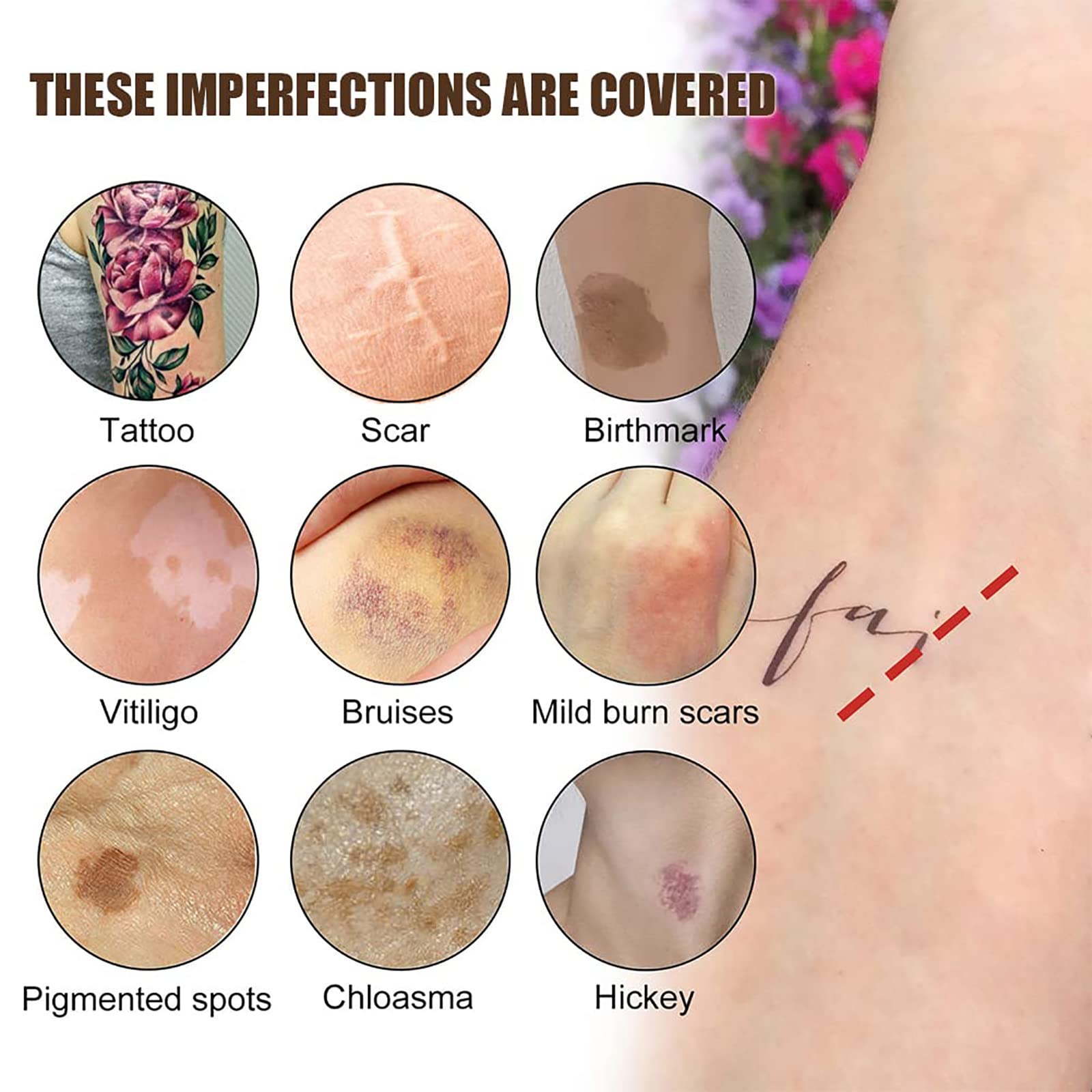 Waterproof Tattoo Concealer & Body Makeup - Full Coverage for Dark Spots, Scars, Birthmarks, Vitiligo & Varicose Veins | Long-Lasting Leg Makeup Foundation (Dark Color) | Perfect for Weddings, Beach Days & Professional Events