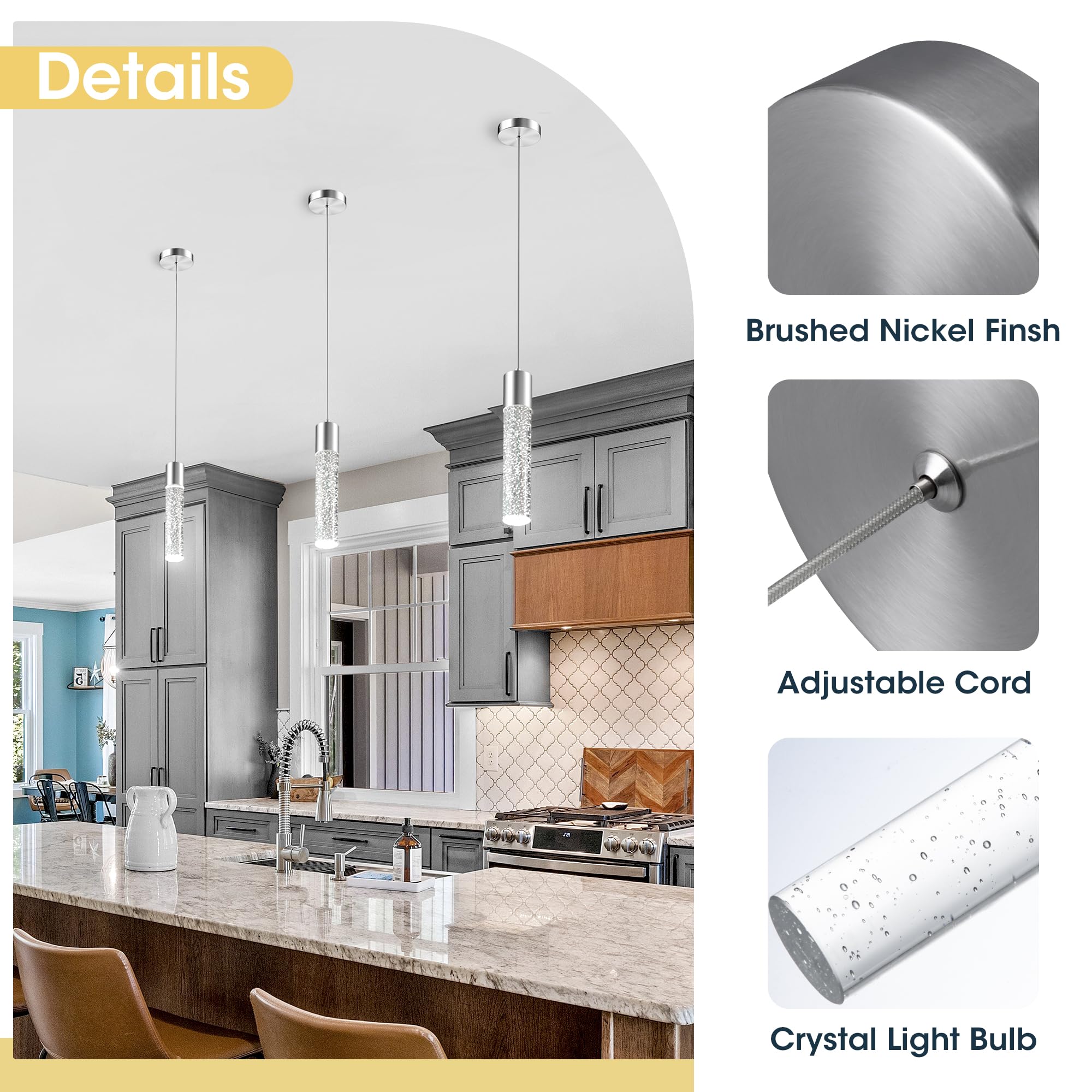 Modern Crystal Bubble Glass LED Pendant Lights for Kitchen Island - 6500K Bright White, Brushed Nickel Hanging Light Fixture (1 Pack) - Perfect for Dining Room, Bar Counter & Home Decor Lighting
