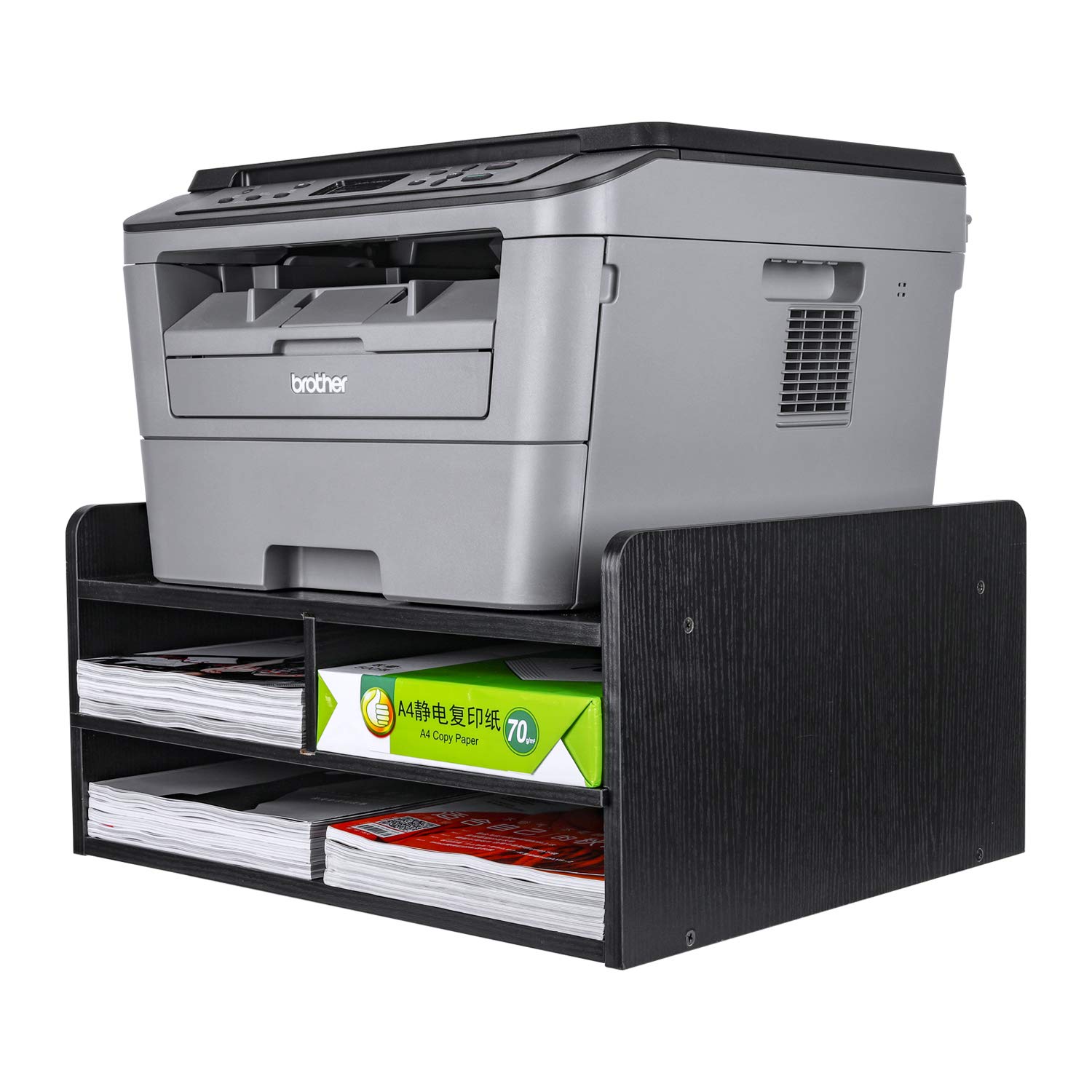 3-Tier Wooden Desktop Printer Stand with Storage - Organizer for Paper, Supplies & Printers - Perfect for Home & Office Workspaces (Black)
