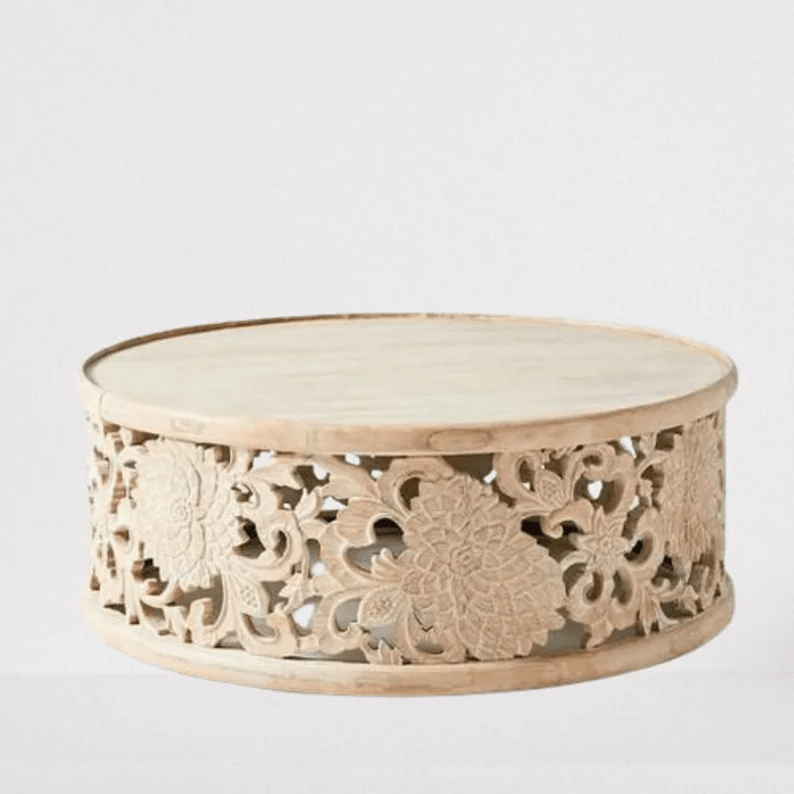 Hand Carved Lotus Flower Round Coffee Table - Solid Wood Living Room Center Table for Home Decor | Perfect for Modern & Bohemian Interior Design