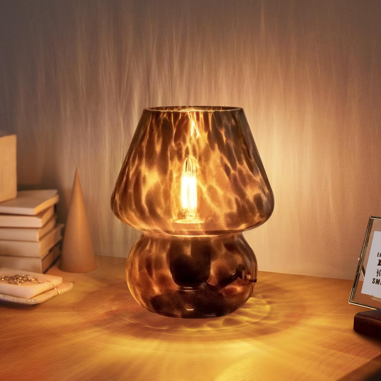 ONEWISH Mushroom Lamp - Vintage Stepless Dimmable Table Lamp with Translucent Glass, Murano Aesthetic for Bedroom, Living Room, Kitchen, Nightstand, and Office Decor (Black)