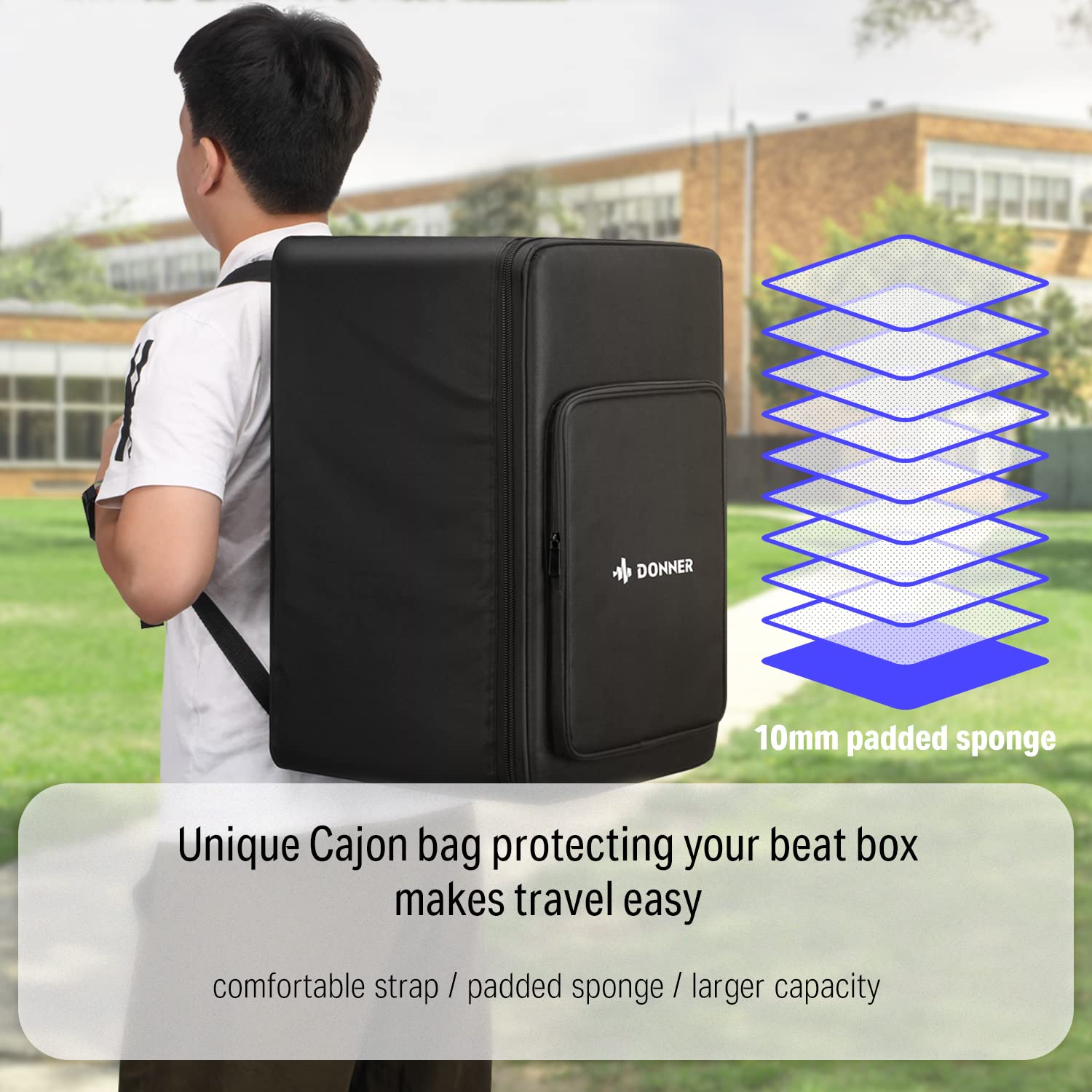 Donner Cajon Box Drum - Full Size Birchwood Percussion Instrument with Strings, Adjustable Backpack Straps & Carry Bag - Perfect for Live Performances, Jam Sessions & Music Practice (Model DCD-1)