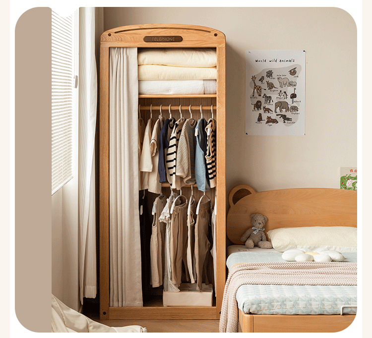 Solid Oak Wood Kids Wardrobe - Durable & Stylish Storage for Bedroom, Nursery, or Playroom Organization