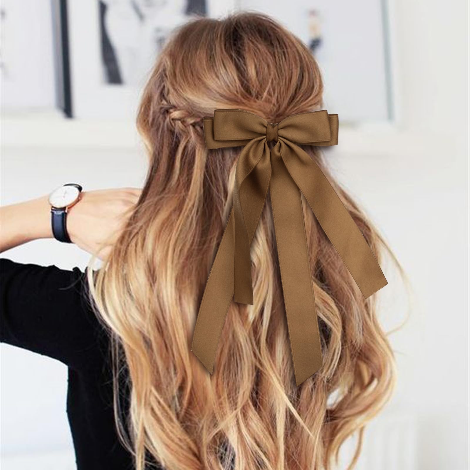 Elegant Black & Coffee Bow Hair Clips 2PCS Set for Women and Girls - Long Tail Ribbon Hair Bows with Alligator Clips | Perfect for School, Parties, Weddings and Everyday Hairstyles