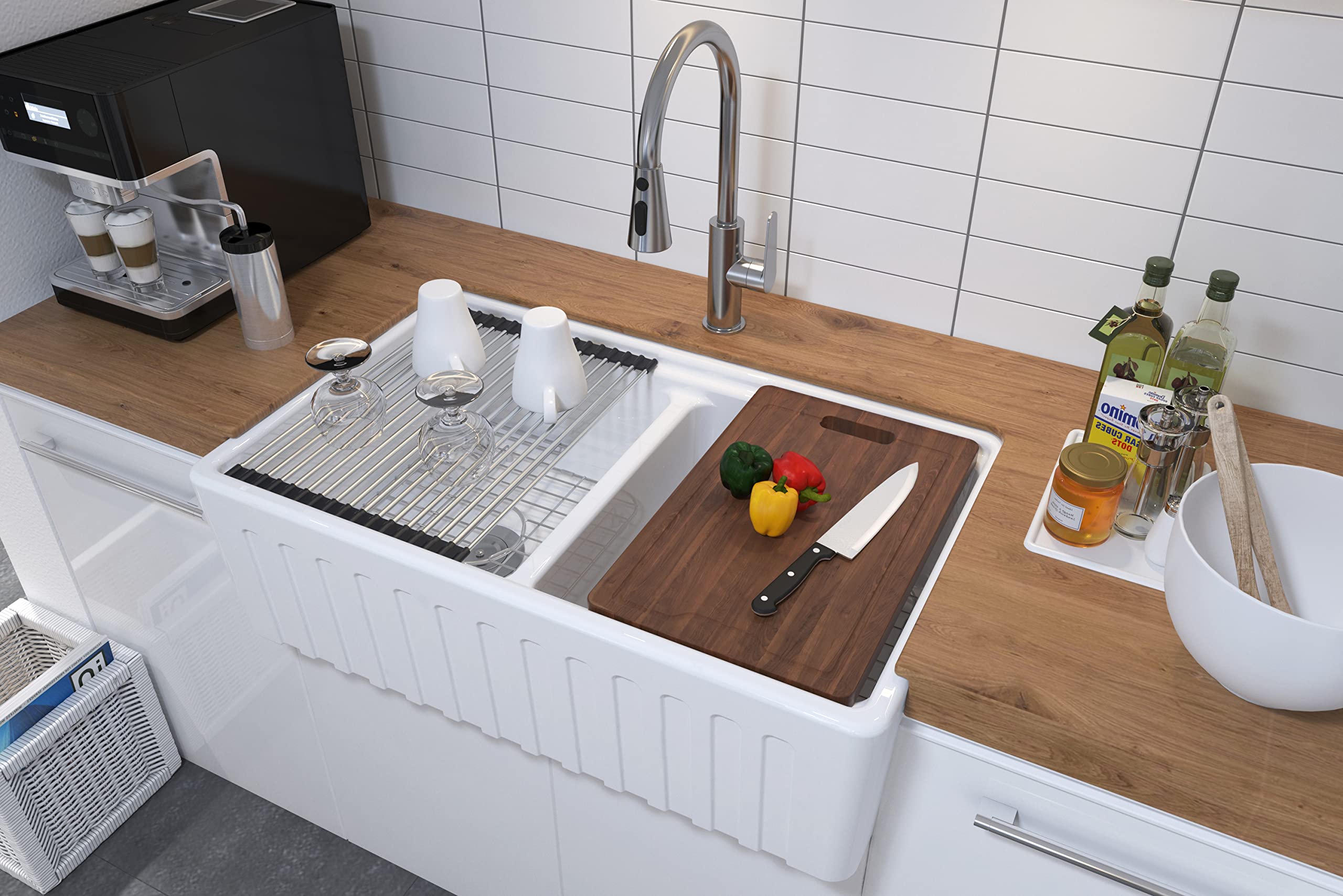 MEJE #KS 33x20 Inch 50/50 Double Bowl Ceramic Farmhouse Kitchen Sink with Apron-Front Design, Step Rim Workstation, Cutting Board, Grid & Strainer - White | Perfect for Modern Farmhouse, Rustic & Country Style Kitchens