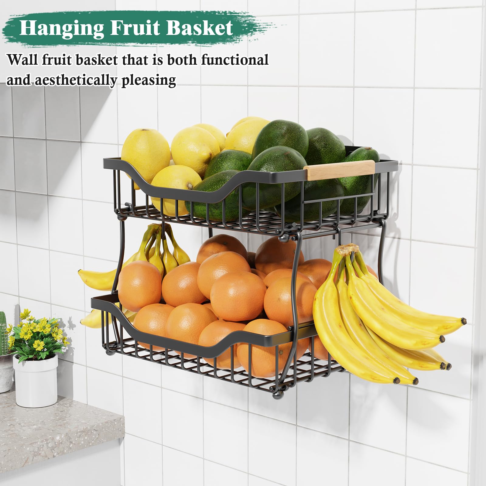 2-Tier Fruit Basket with Banana Hangers - Wall Mount & Countertop Kitchen Organizer for Fruits, Vegetables, Potatoes, Onions, Bread & Snacks | Space-Saving Storage Solution for Small Kitchens & Pantries